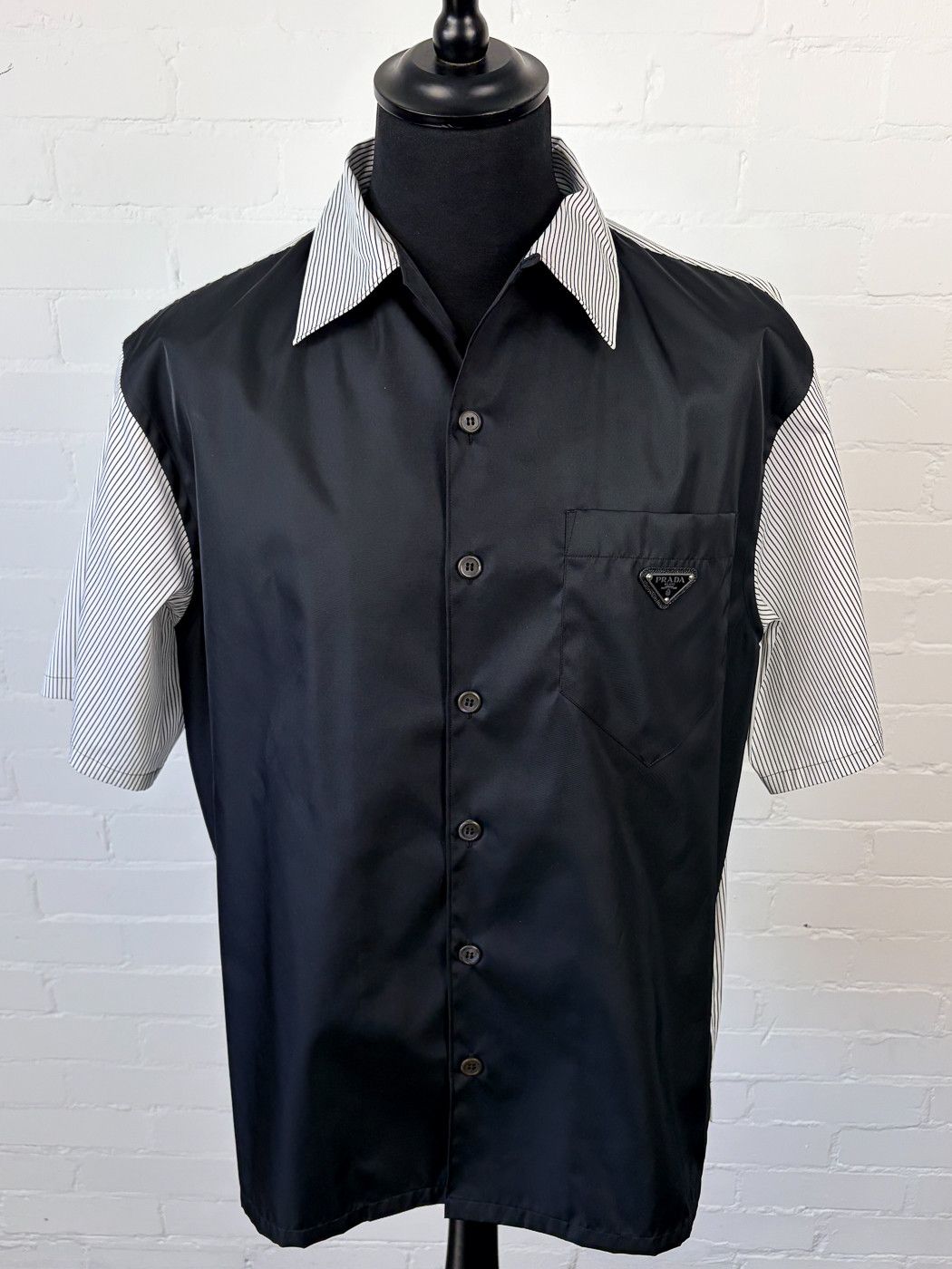 Prada Stretch Cotton & Re-Nylon Hybrid Shirt Black/White Size US XL / EU 56 / 4 - 1 Thumbnail
