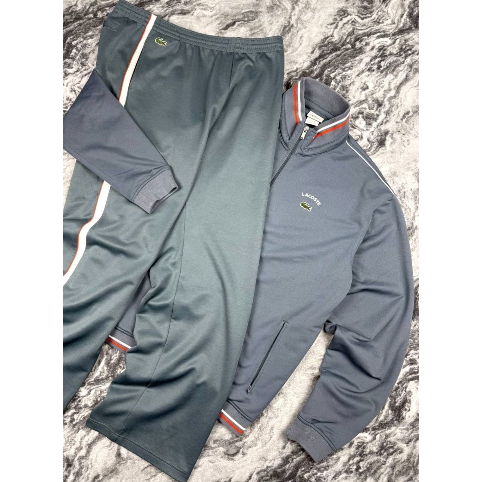 Lacoste VINTAGE Lacoste Track Suit Jacket And Pants Men 2XL Gray Tracksuit Set Logo Pockets Zipper Activewear Size 48R - 3 Thumbnail