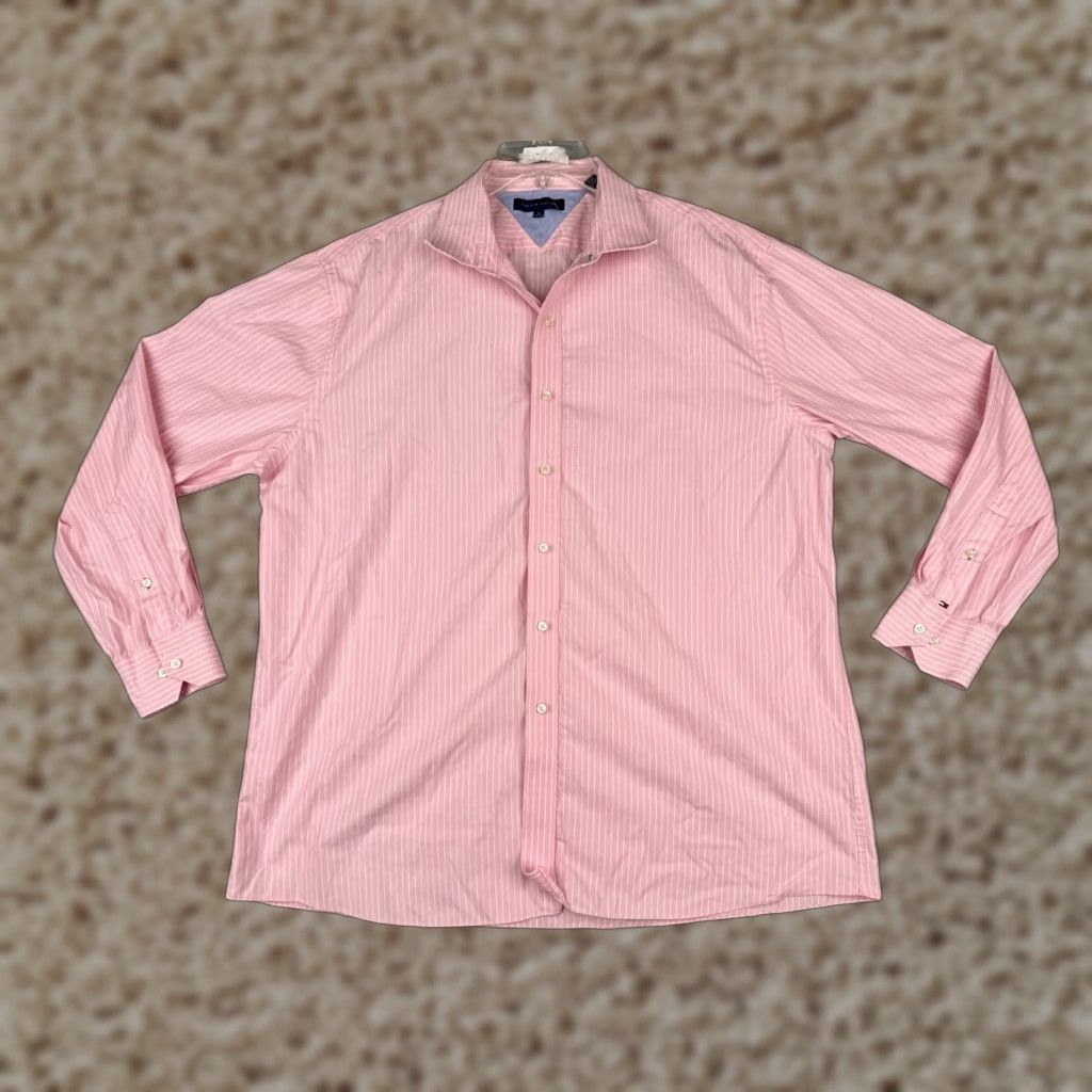 Tommy Hilfiger Tommy Hilfiger Shirt Men 18 Pink Pinstripe 100% Cotton Button Up Long Sleeve Size US XXL / EU 58 / 5 - 1 Thumbnail