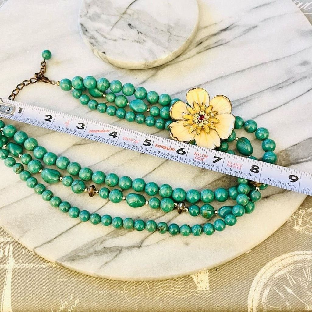 Jewelry Enamel Flower Statement Necklace Teal Green Beaded Size ONE SIZE - 7 Thumbnail