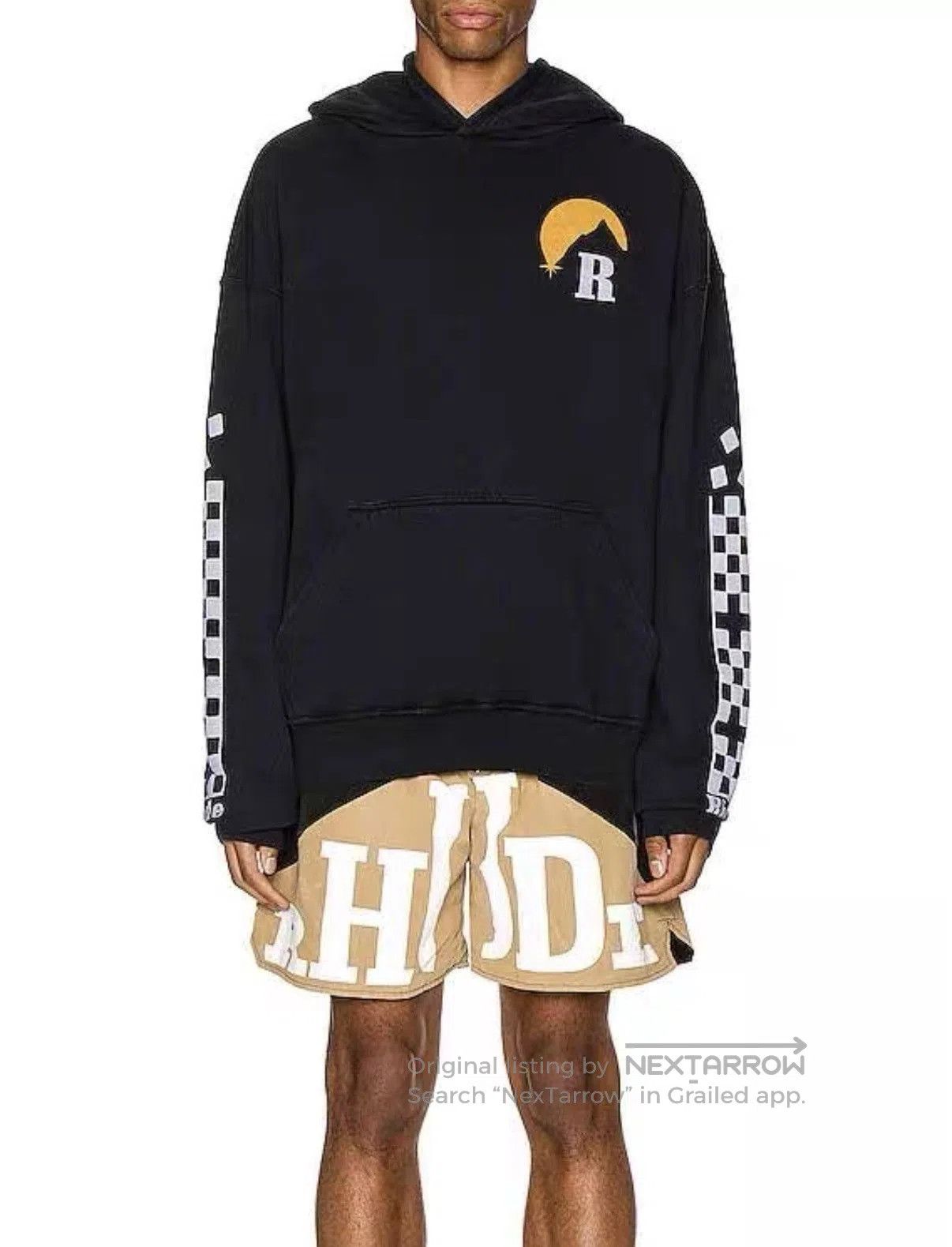 Rhude Black Moon Graphic Hoodie with Checkerboard Sleeves. Size US S / EU 44-46 / 1 - 7 Thumbnail