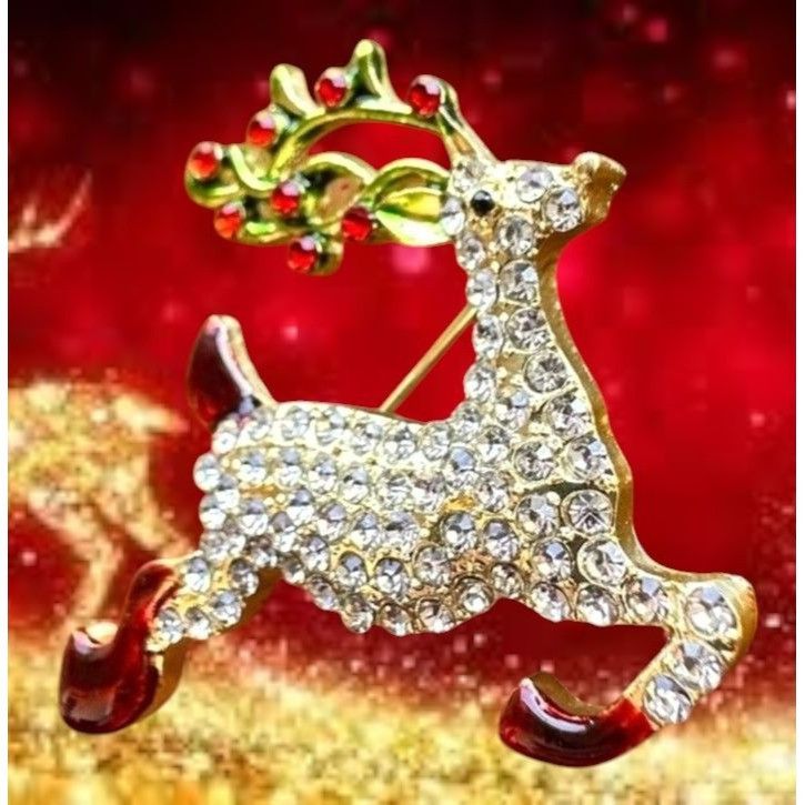 Handmade Reindeer Brooch Pin Rudolph Christmas Eve New Crystal Accent Size ONE SIZE - 4 Thumbnail