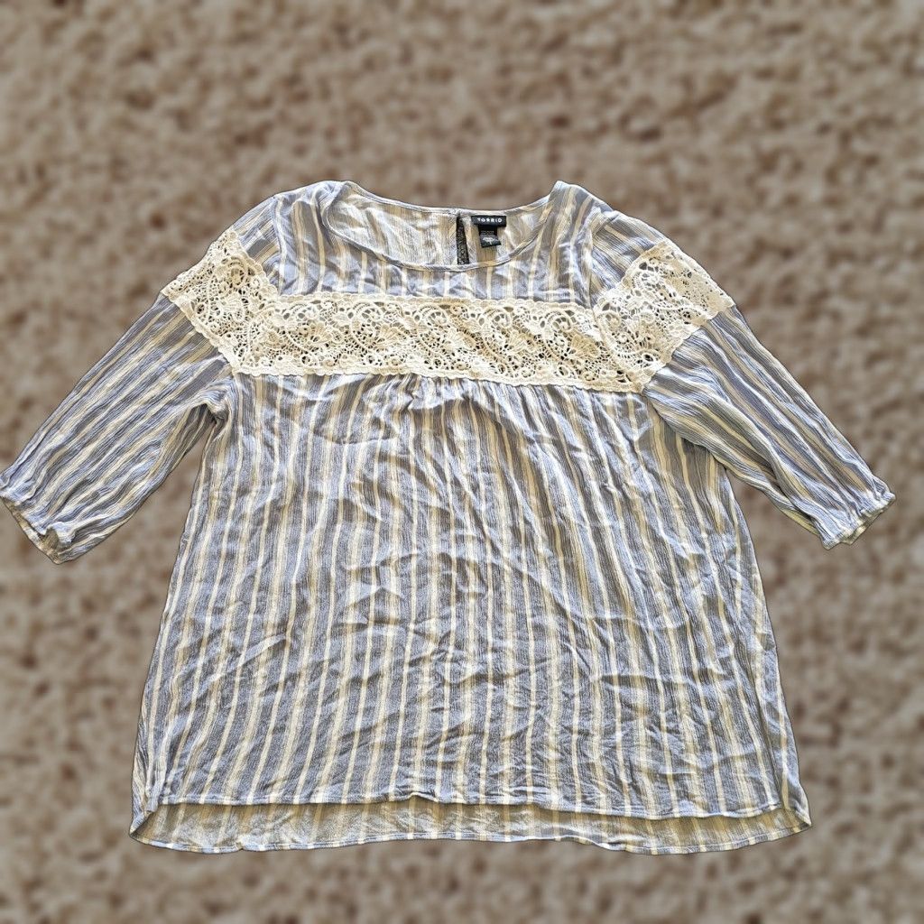 Torrid Torrid Top Womens 1X Blue White Striped Crochet Trim 3/4 Sleeve Boho Casual Shirt Size XL / US 12-14 / IT 48-50 - 1 Thumbnail