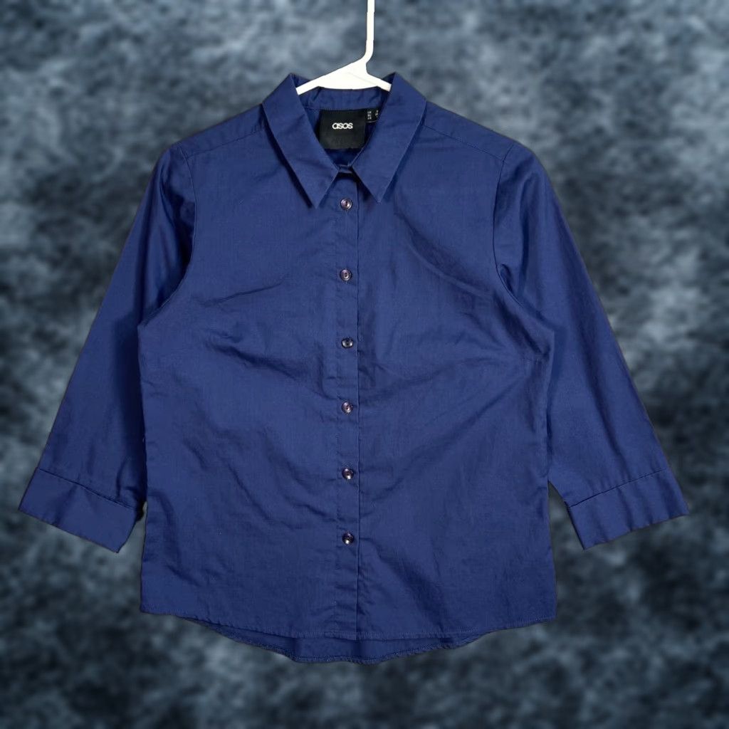 Asos ASOS Womens 4 Navy Button-Up Shirt 3/4 Sleeves Casual Polyester Regular Collar Spring Summer Fall Women's Shirt 4 Mens? Size S / US 4 / IT 40 - 1 Thumbnail