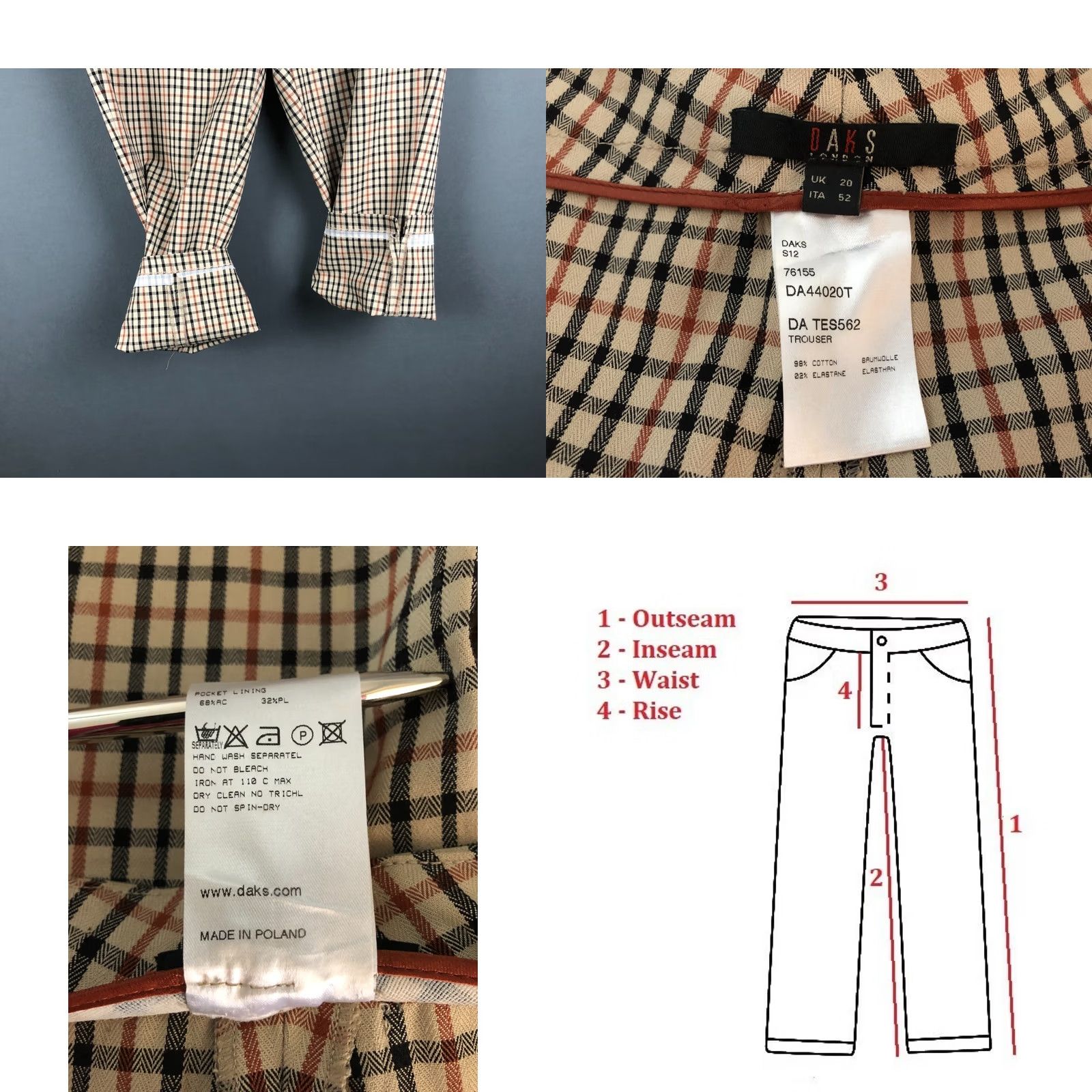 DAKS Daks London Women's Pants Check Beige Cotton Elastane 20 Regular Chino Straight Pocket Belt Loops Vintage: No Release Size 42" / US 20 - 8 Thumbnail