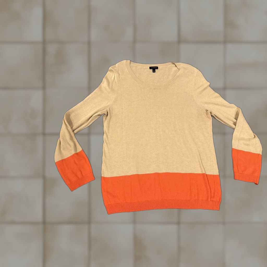 Talbots Talbots Sweater Womens L Beige Orange Colorblock Lightweight Knit Pullover Crew Neck Long Sleeve Tight-Knit Casual Fall Women Size L / US 10 / IT 46 - 1 Thumbnail