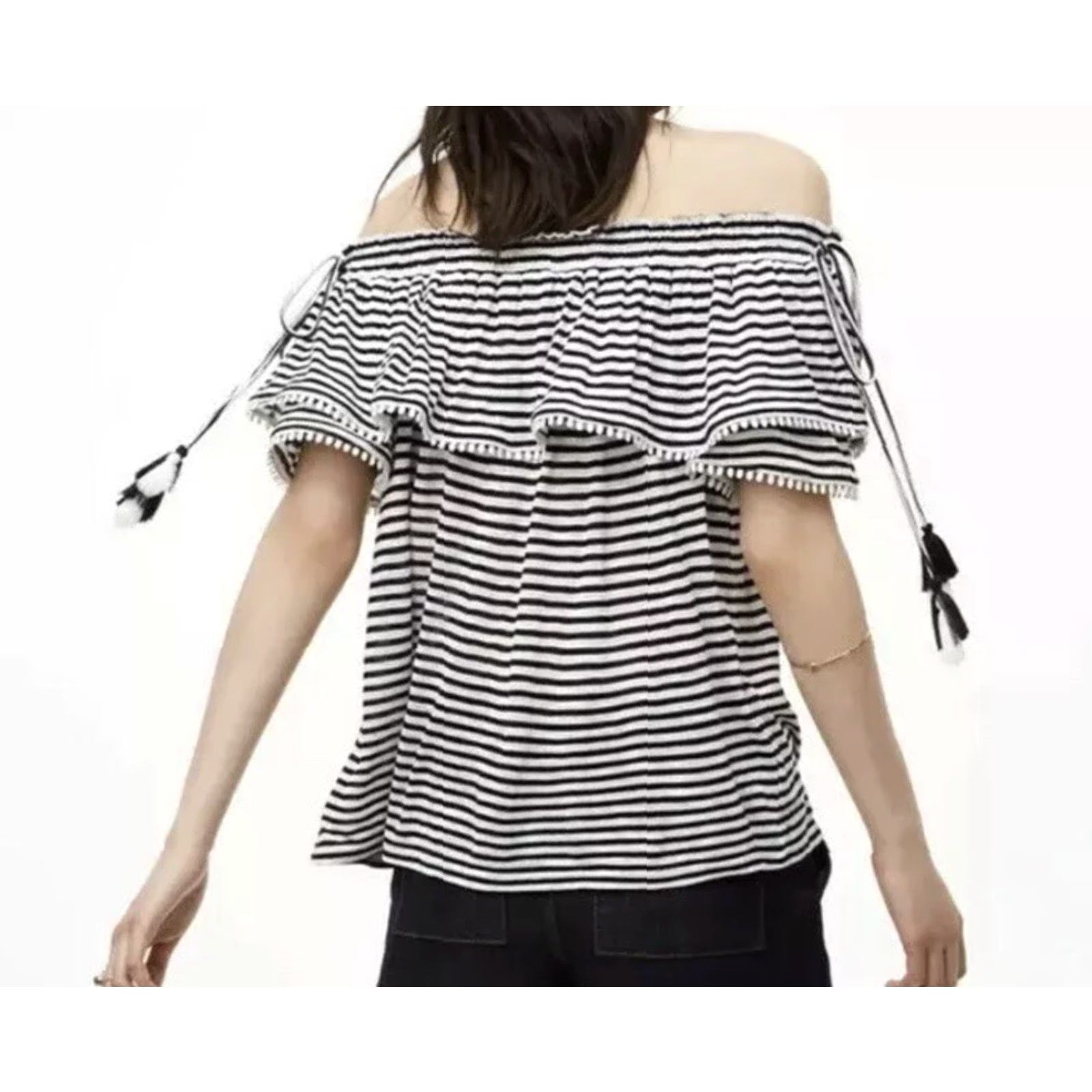 Loft LOFT Blouse Top Striped Off The Shoulder Petite XXS XS P2XS Tassel Viscose Knit Flutter Sleeve Multicolor Short Sleeve Women's Blouse Size XXS / US 00 / IT 34 - 7 Thumbnail