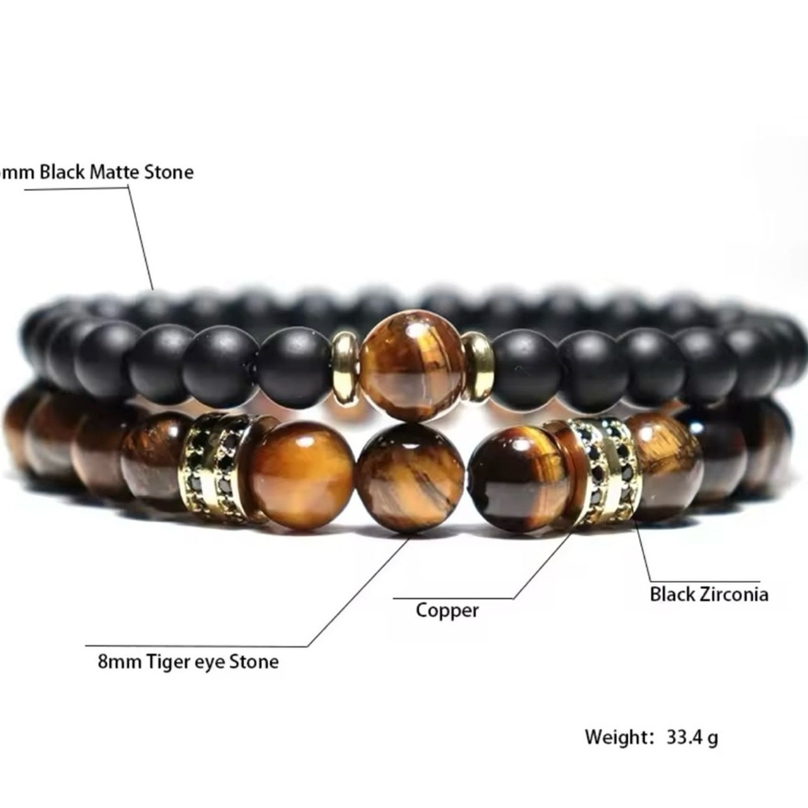 Other 2Pcs Men Bracelet Set Natural Tiger eye Beads Stone Bracelet Size ONE SIZE - 3 Thumbnail