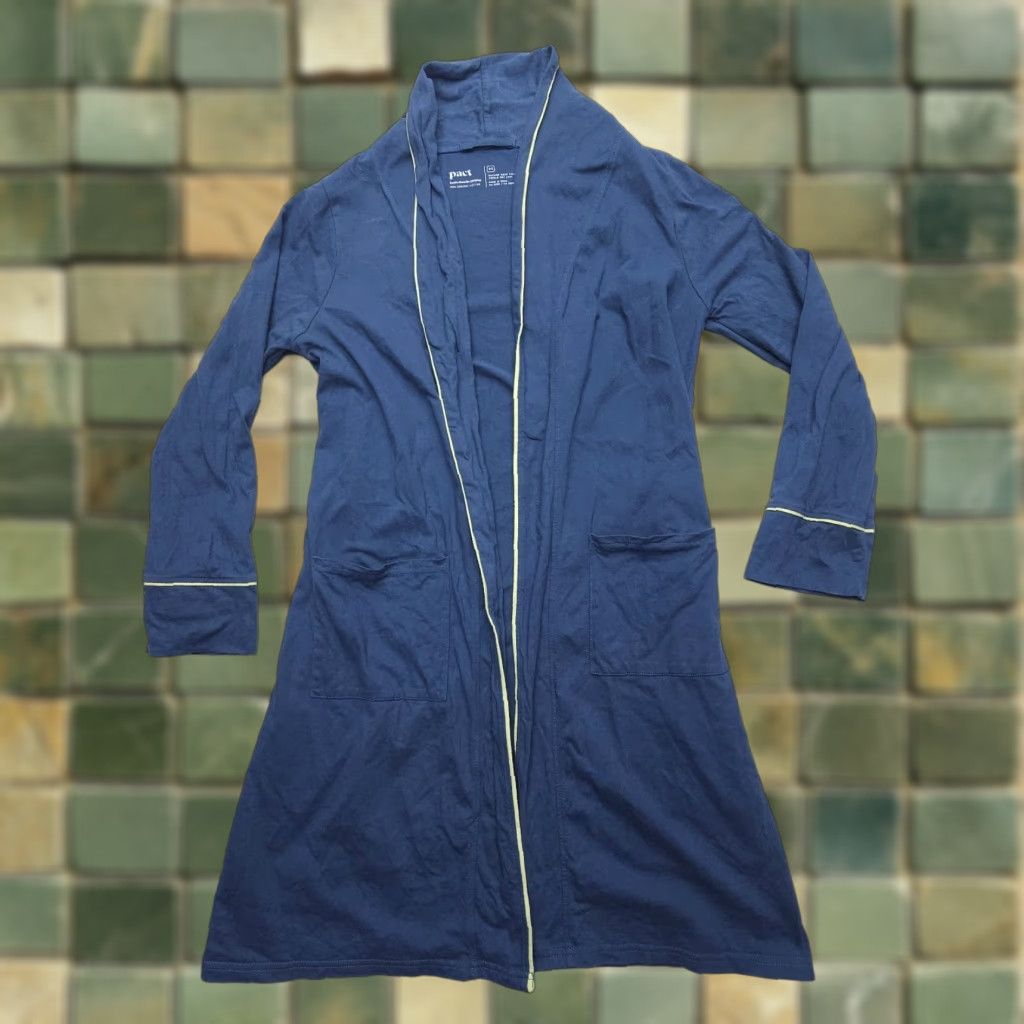Vintage PACT Organic L96602 Robe Womens XS Blue Cotton Piping Trim Pocket No Belt Size ONE SIZE - 1 Thumbnail