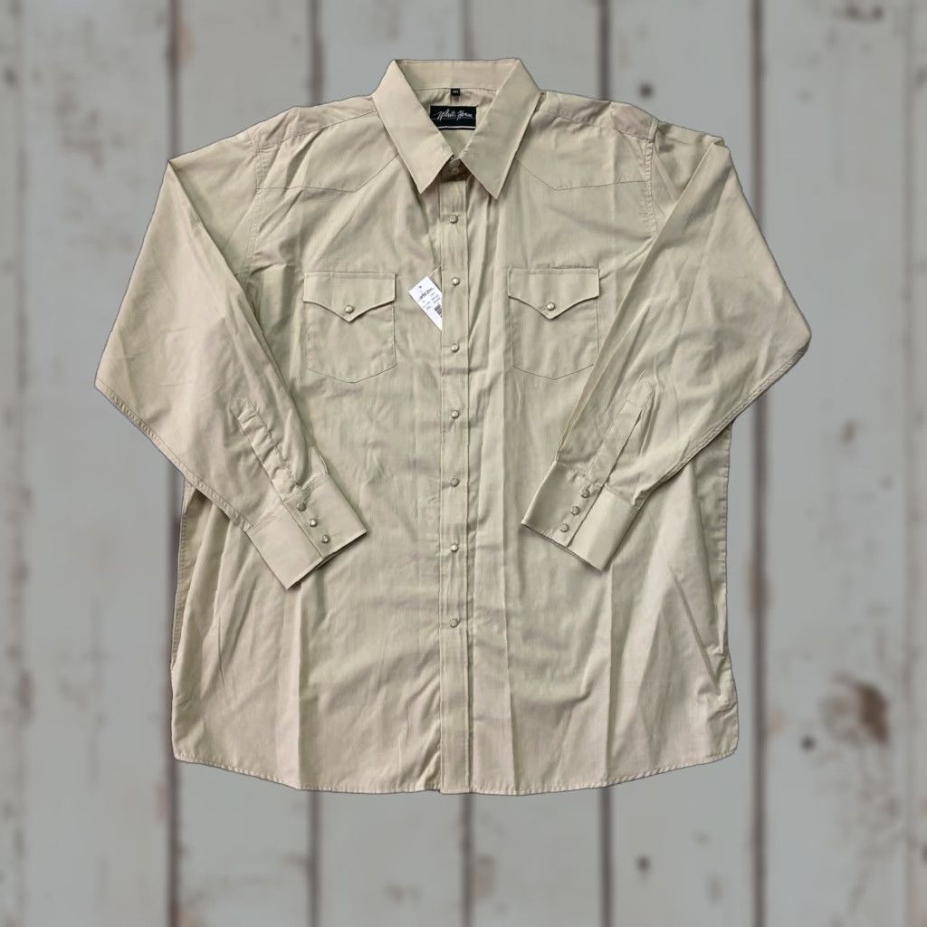 Vintage VINTAGE White Horse Shirt Mens XXL Beige Long Sleeve Pearl Snap Button-Up Collared Cord Canvas Cotton Polyester Western Cowboy NWT Size US XXL / EU 58 / 5 - 1 Thumbnail