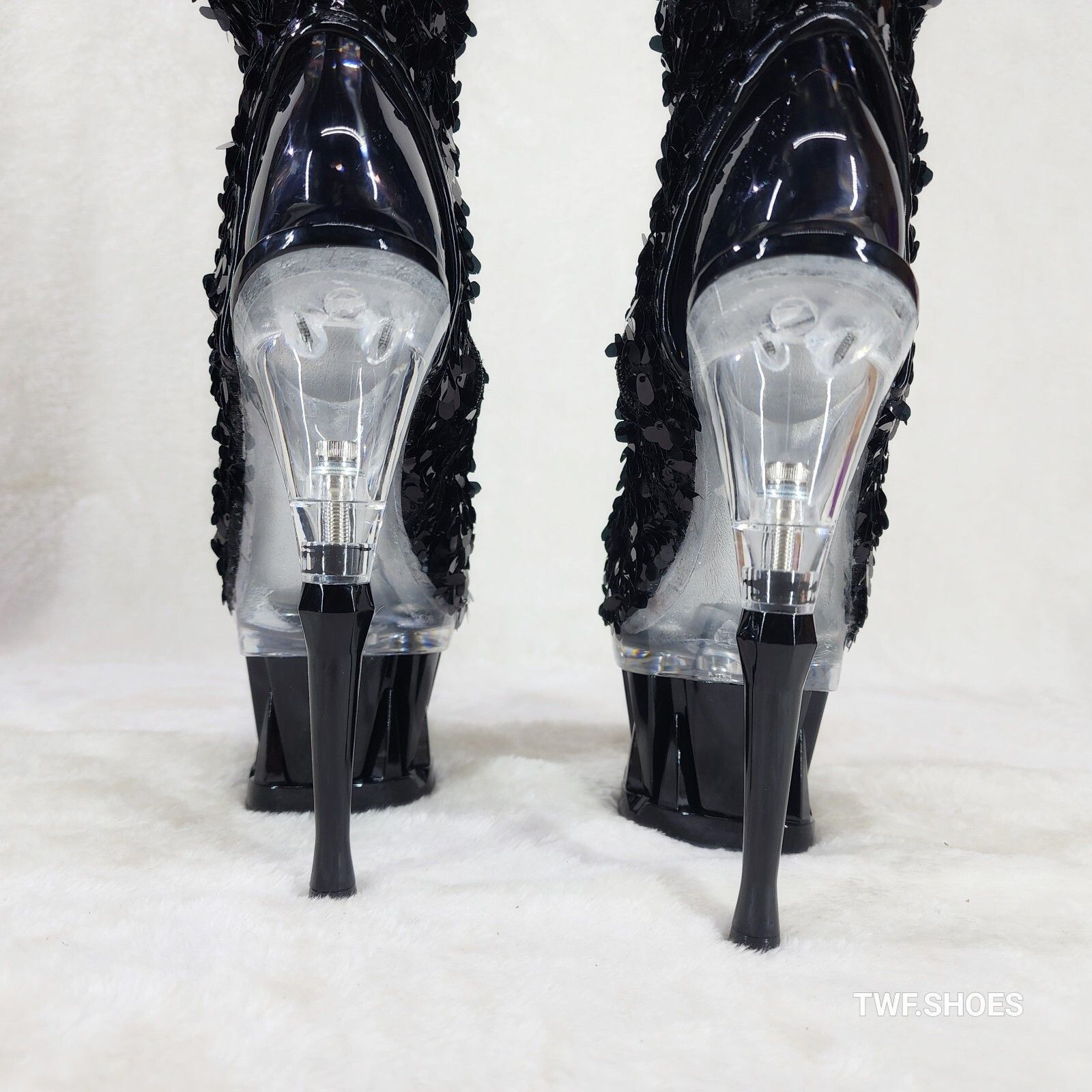 Other Pleaser Spiky Black Sequin Knee Boots Spiked Design Platform Size US 11 / IT 41 - 5 Thumbnail