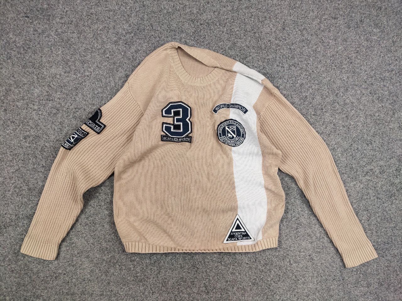 Japanese Brand Vintage 90's Polo Skarpa Sports Knit beige Patchwork Sweater Size US L / EU 52-54 / 3 - 13 Thumbnail