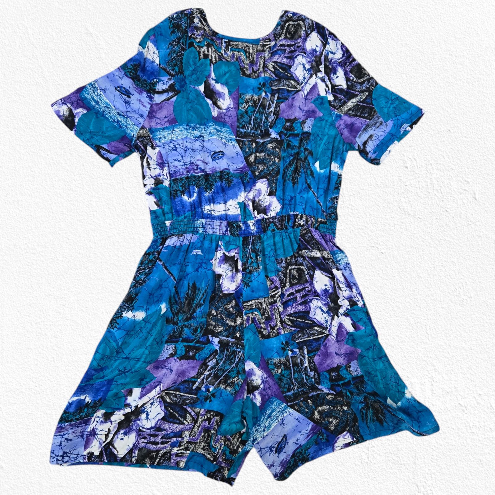 Vintage 80s Black Blue Bold Tropical Print Romper Size 1X Size 40" / US 18 - 9 Thumbnail