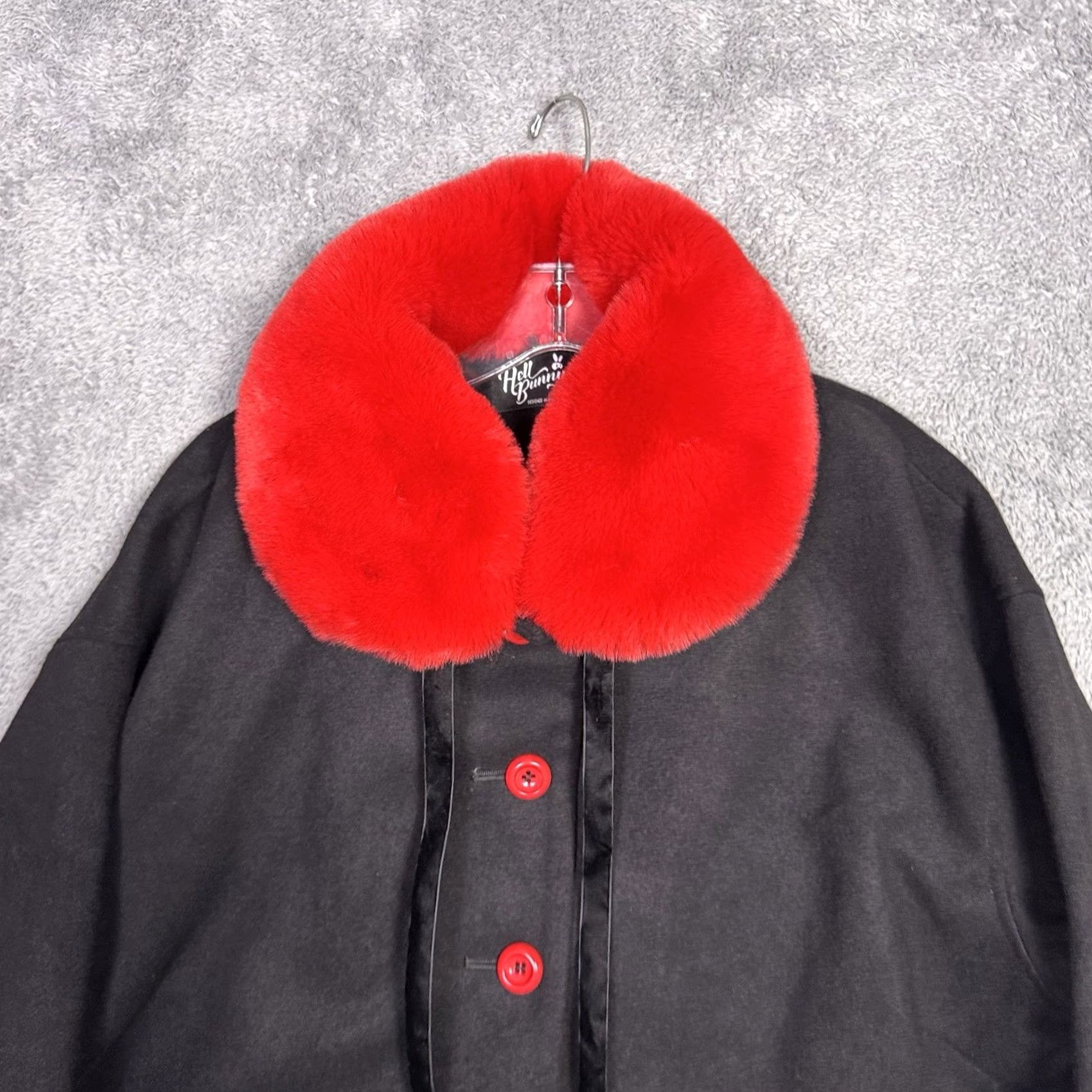 Vintage Hell Bunny Coat Womens 2X 2XL UK 18 Faux Fur Collar Corazon Geometric Red Overcoat Long Sleeve Mid-Length Jacket/Coat Womens Mens? Size XXL / US 16-18 / IT 52-54 - 4 Thumbnail