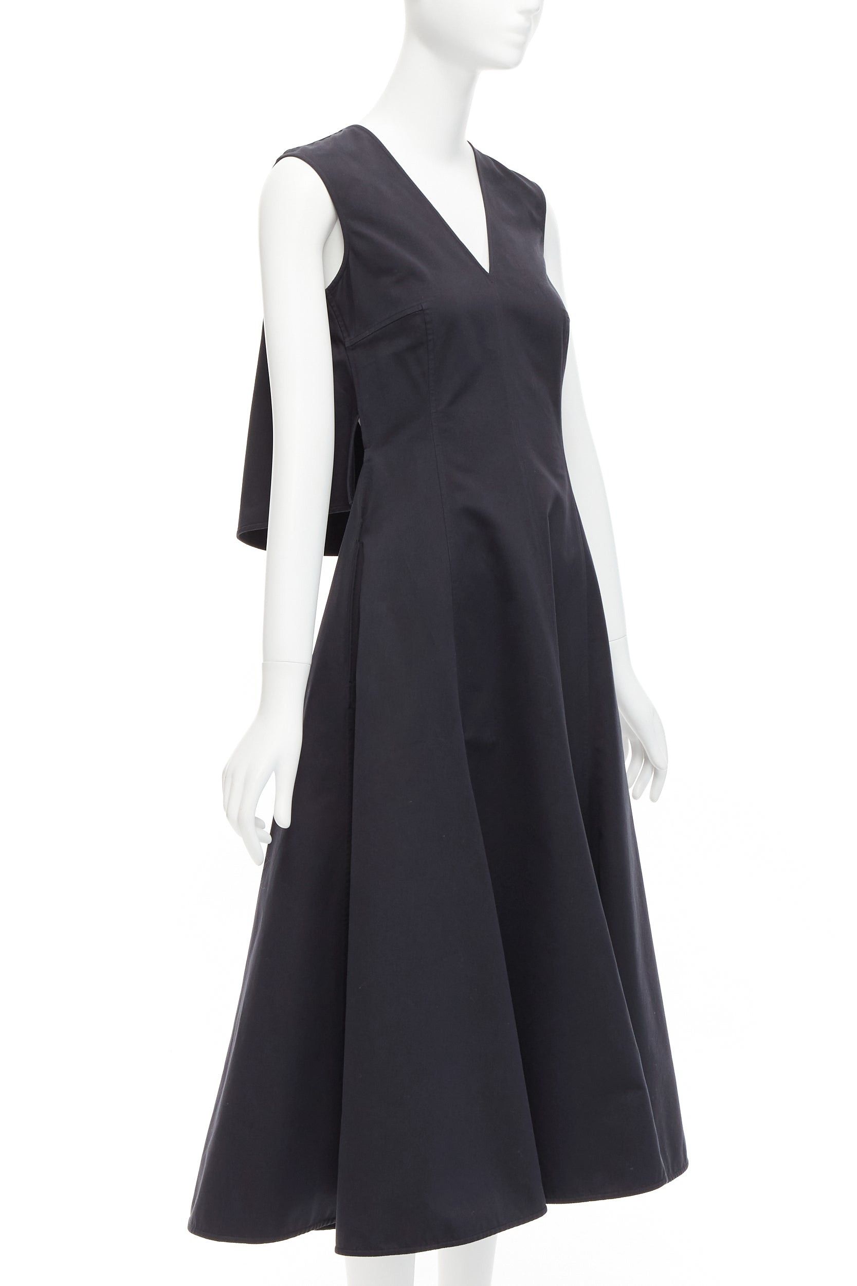 Jil Sander JIL SANDER black cotton silk cape back cut out V-neck Aline midi dress FR32 XXS Size XS / US 0-2 / IT 36-38 - 1 Thumbnail