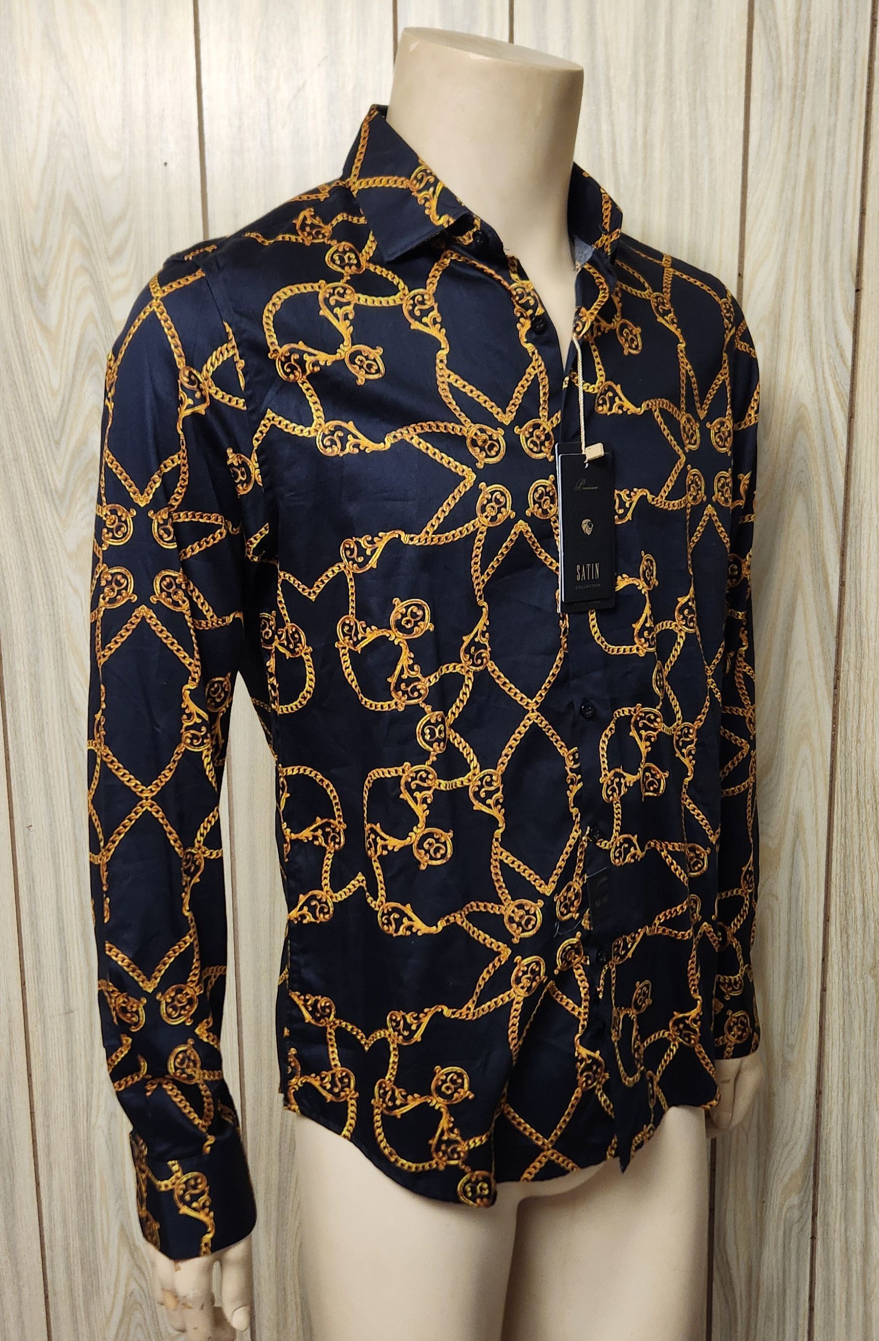 Denim & Flower men's NWT shirt S M black gold cotton long sleeve Size US M / EU 48-50 / 2 - 3 Thumbnail