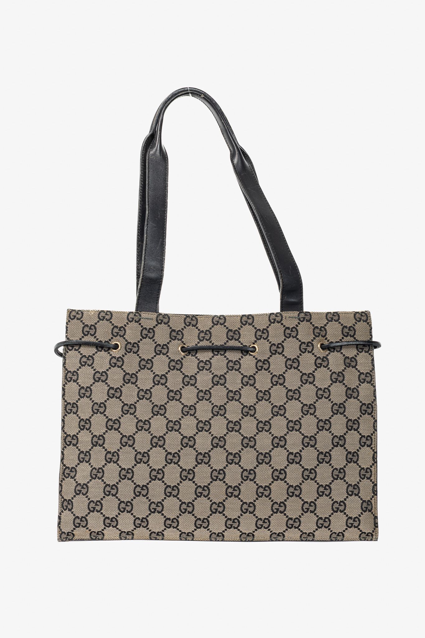 Gucci Gucci Khaki GG Canvas Black-Leather Drawstring Tote Size ONE SIZE - 4 Thumbnail