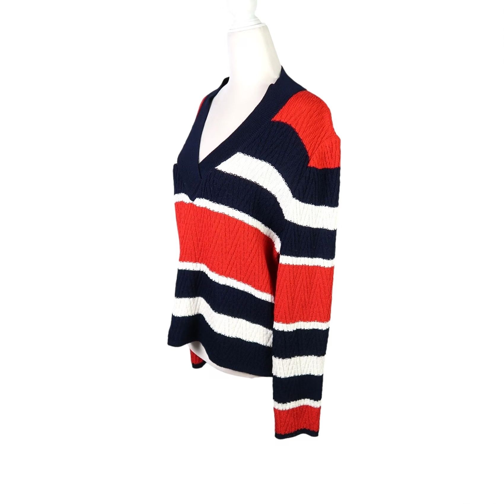 St. John VINTAGE St. John Sport Sweater Shirt Ladies M Knit V-Neck Red White Navy Stripe Nautical 90s USA Patriotic Long Sleeve Pullover Costume/ Casual Size M / US 6-8 / IT 42-44 - 3 Thumbnail