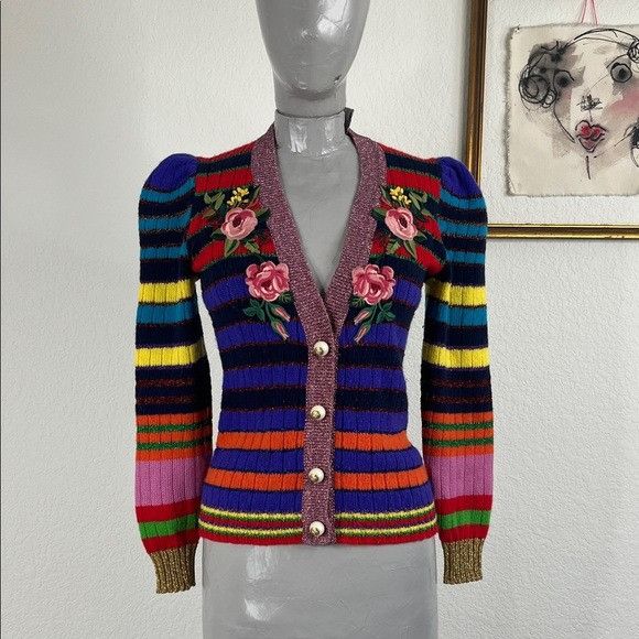 Gucci Gucci Multicolor Metallic Striped Cardigan Floral Patches Pe Size XS / US 0-2 / IT 36-38 - 1 Thumbnail