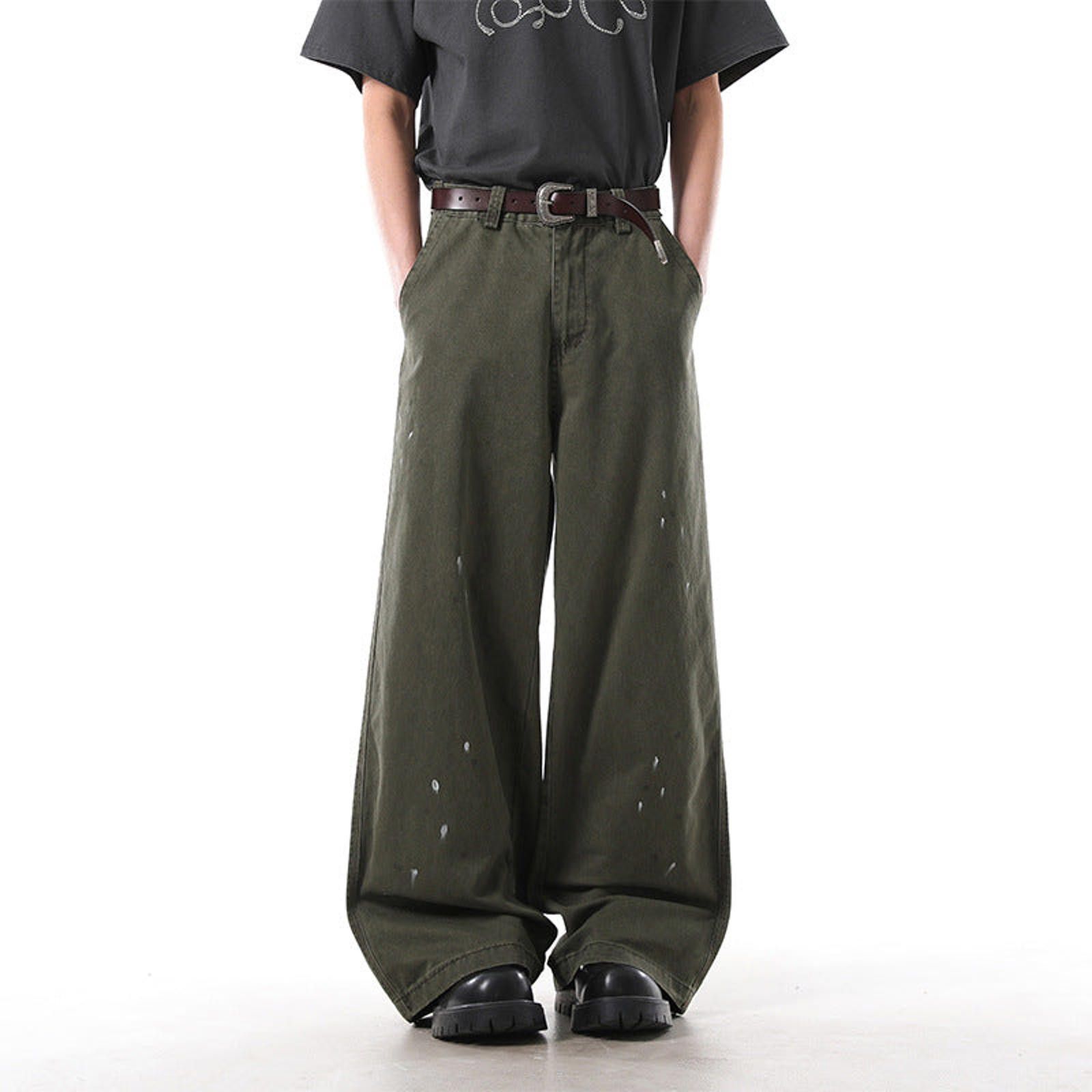 Japanese Brand Olive Green Distressed Wide Leg Pants, Loose Fit Trousers Size US 30 / EU 46 - 2 Thumbnail
