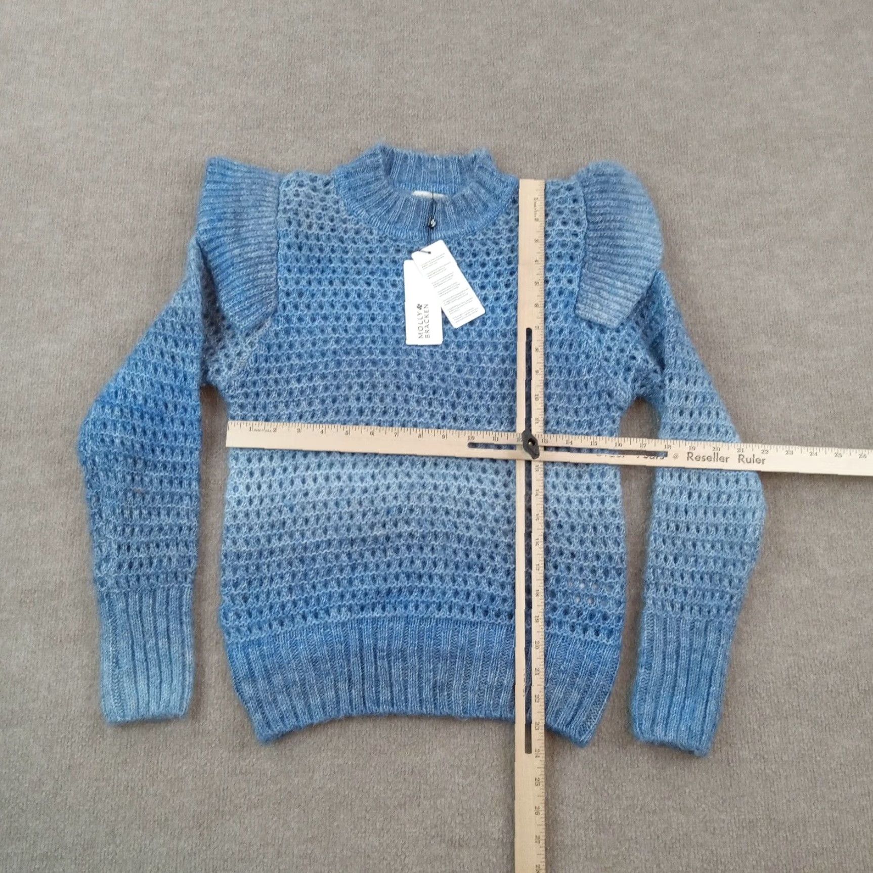 Vintage Molly Bracken Blue Ruffle Sweater Womens XS Long Sleeve Mock Neck Open Knit Acrylic Size XS / US 0-2 / IT 36-38 - 2 Thumbnail