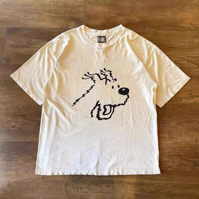 White retro cartoon puppy print T-shirt