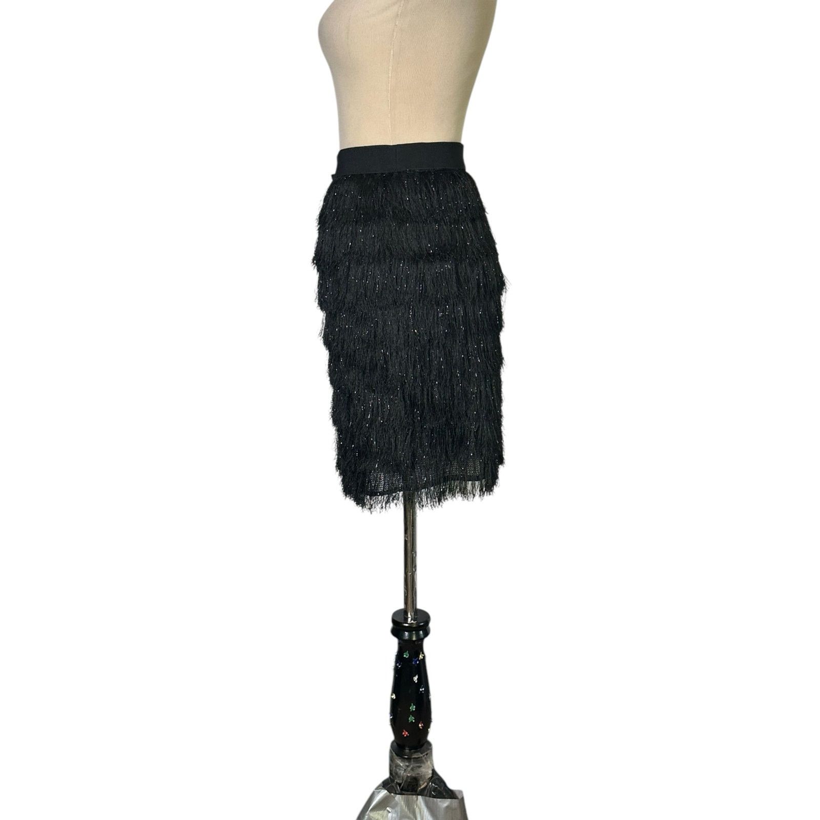 BCBGMaxAzria black metallic fringe skirt size large