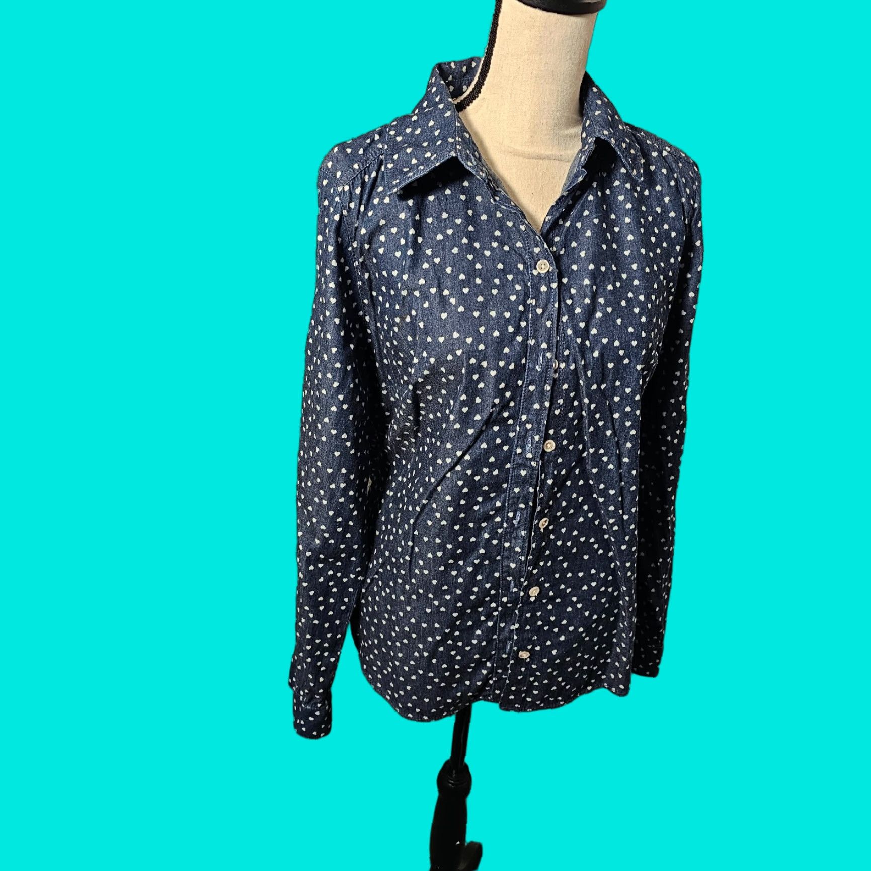 Vintage LC Lauren Conrad Large Button-Up Shirt Long Sleeve Blue Casual Heart Print Womens Size L / US 10 / IT 46 - 1 Thumbnail