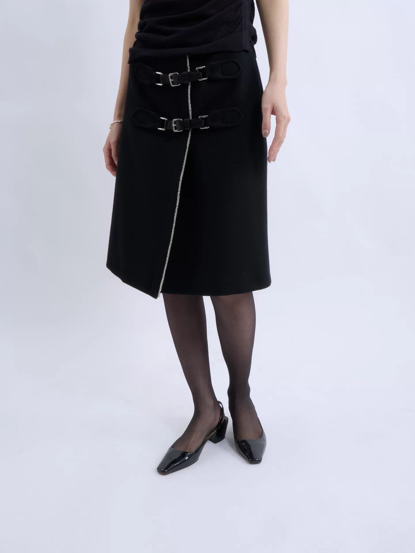 Prada PRADA 00s Double Buckle Black Wool Skirt Women Size 26" / US 2 / IT 38 - 2 Thumbnail