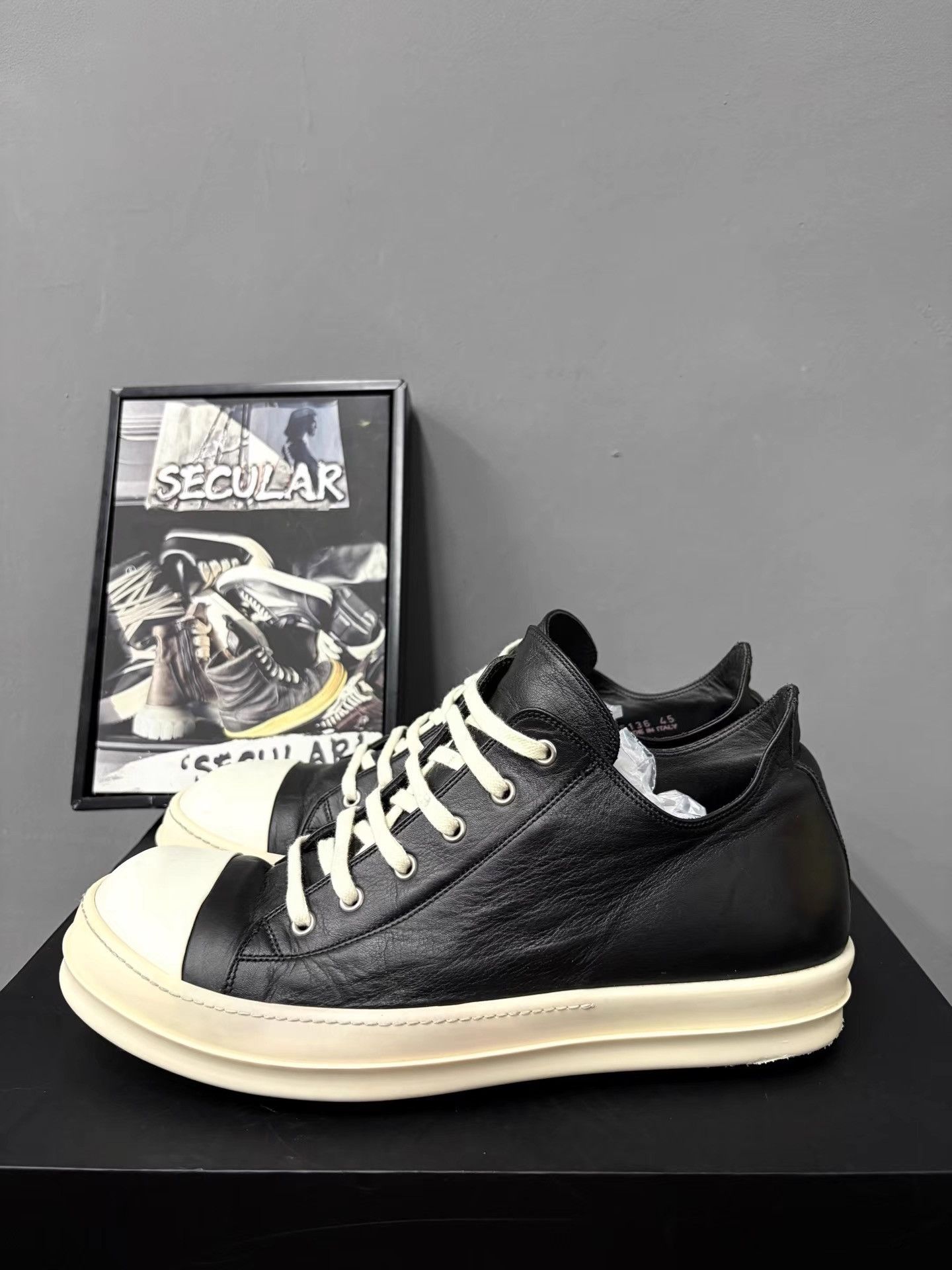 Rick Owens Rick Owens Black White Leather Low Sneakers K34 Size US 12 / EU 45 - 2 Thumbnail