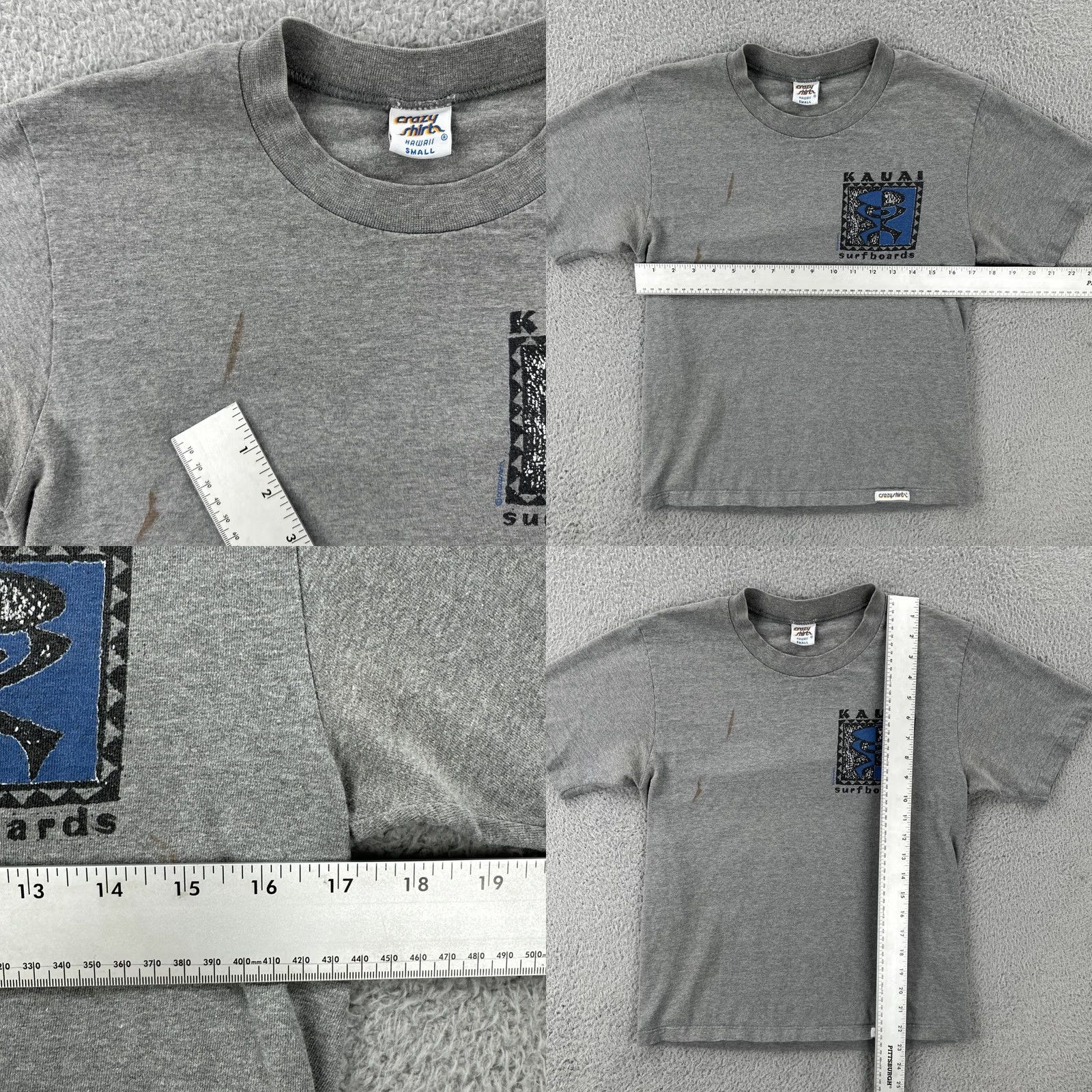 Vintage VINTAGE Crazy Shirts T-Shirt Mens S Gray Knit 100% Cotton Crew Neck Short Sleeve USA 90s Hawaiian Surfboards Stitch Boys? Size US S / EU 44-46 / 1 - 9 Thumbnail