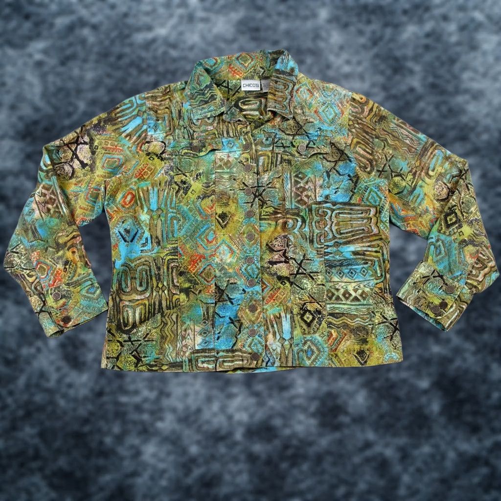 Vintage VINTAGE Chico's Jacket Womens Size 1 Green Linen Art Tribal Geometric Button VTG Jacket Size XS / US 0-2 / IT 36-38 - 1 Thumbnail