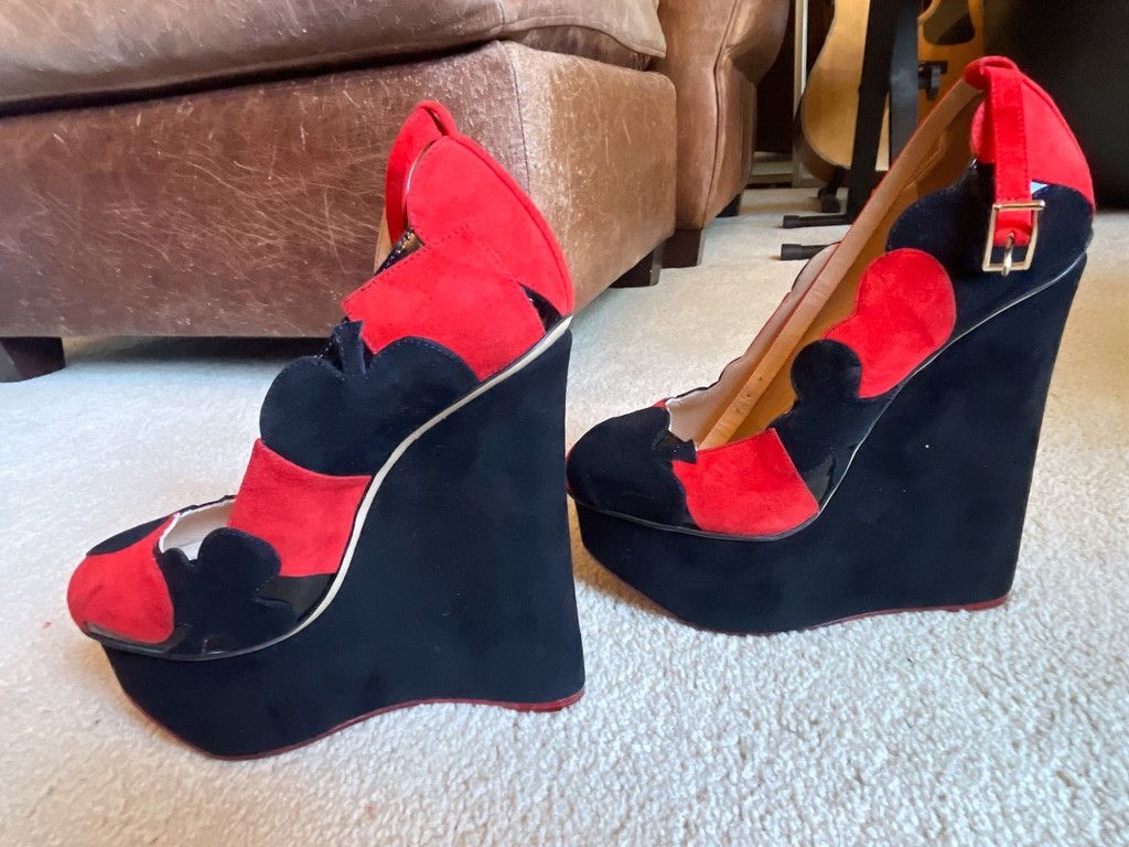 Charlotte Olympia NEW Charlotte Olympia Lady Luck Suede Wedges 37.5 Black Red Size US 7.5 / IT 37.5 - 3 Thumbnail