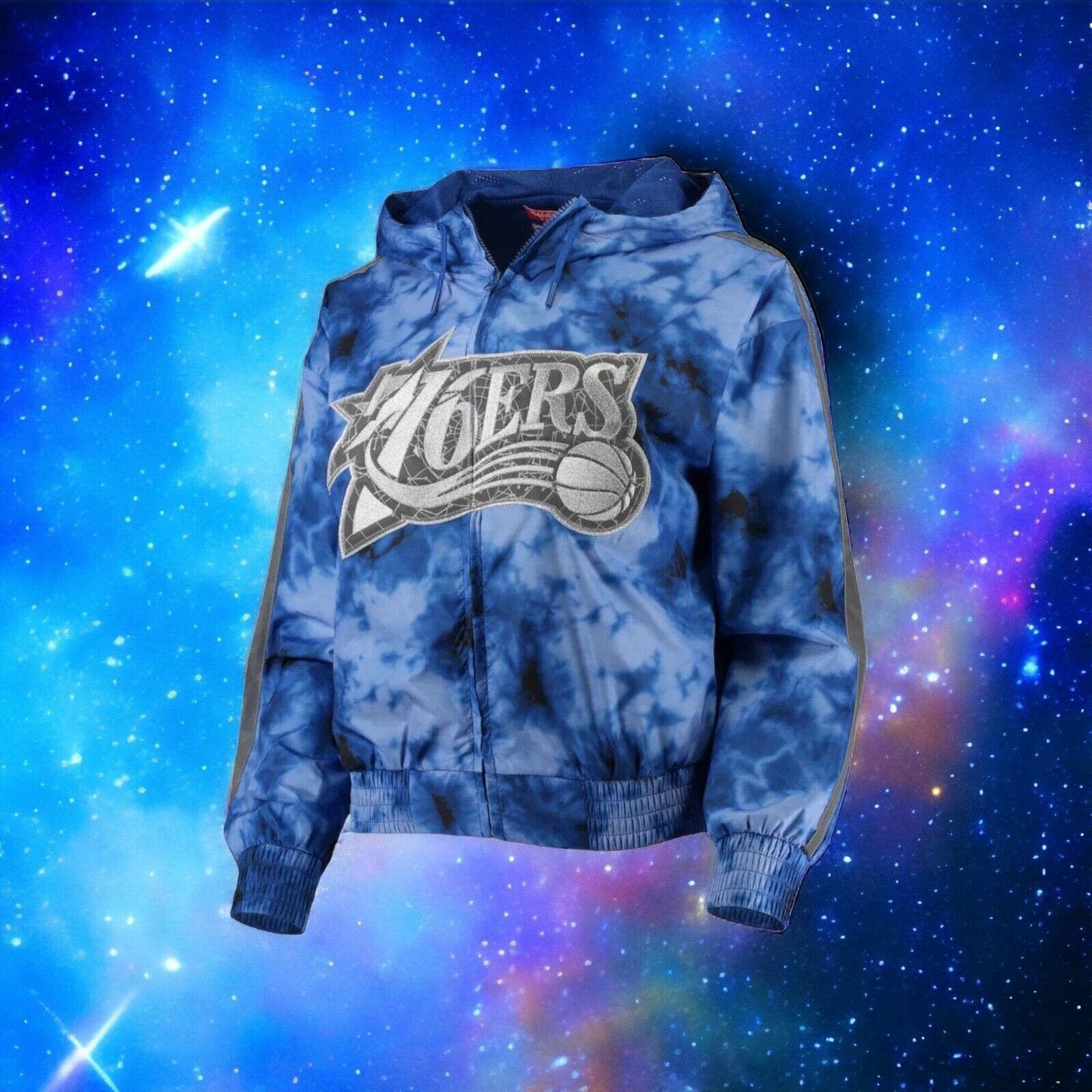 image of Mitchell Ness x NBA Philadelphia 76Ers Mitchell & Ness Galaxy Windbreaker Hoodie in Blue, Women's (