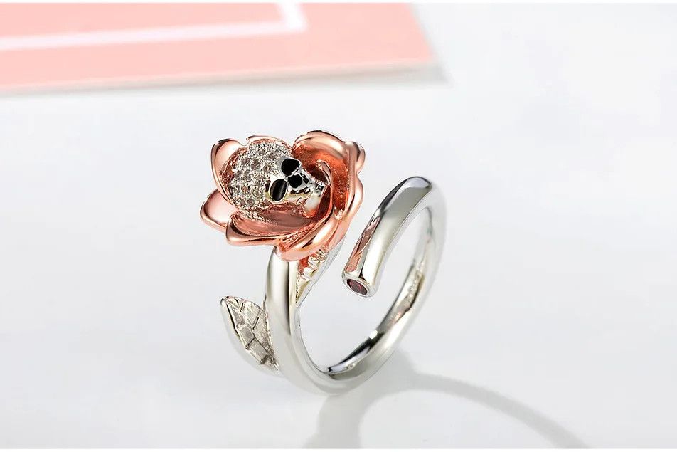 Jewelry Rose Flower Skull Ring Size ONE SIZE - 1 Thumbnail