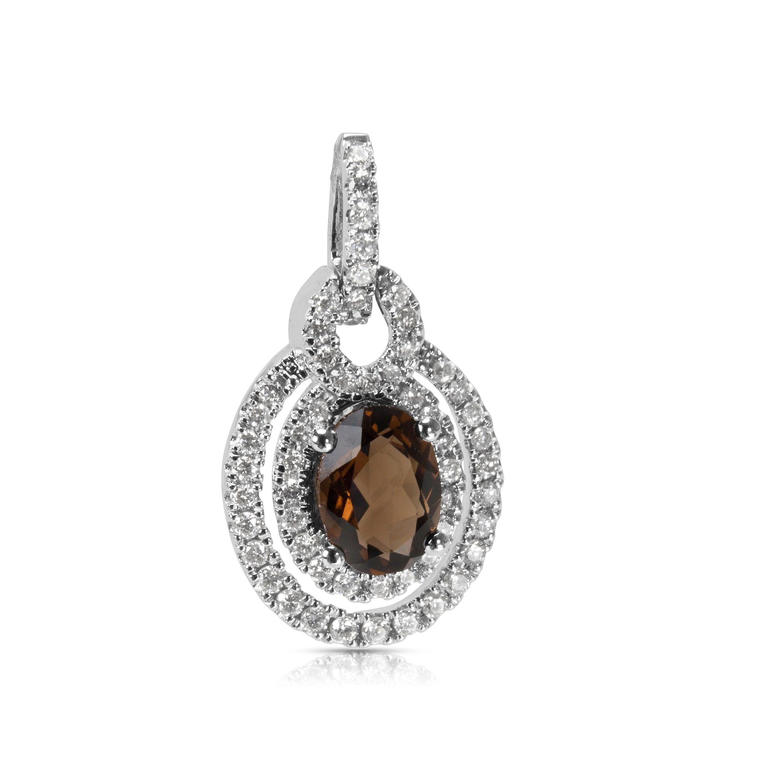 image of Tiffany Co Smokey Quartz Oval Pendant In 14K White Gold With Diamonds (0.45 Ctw), Women's