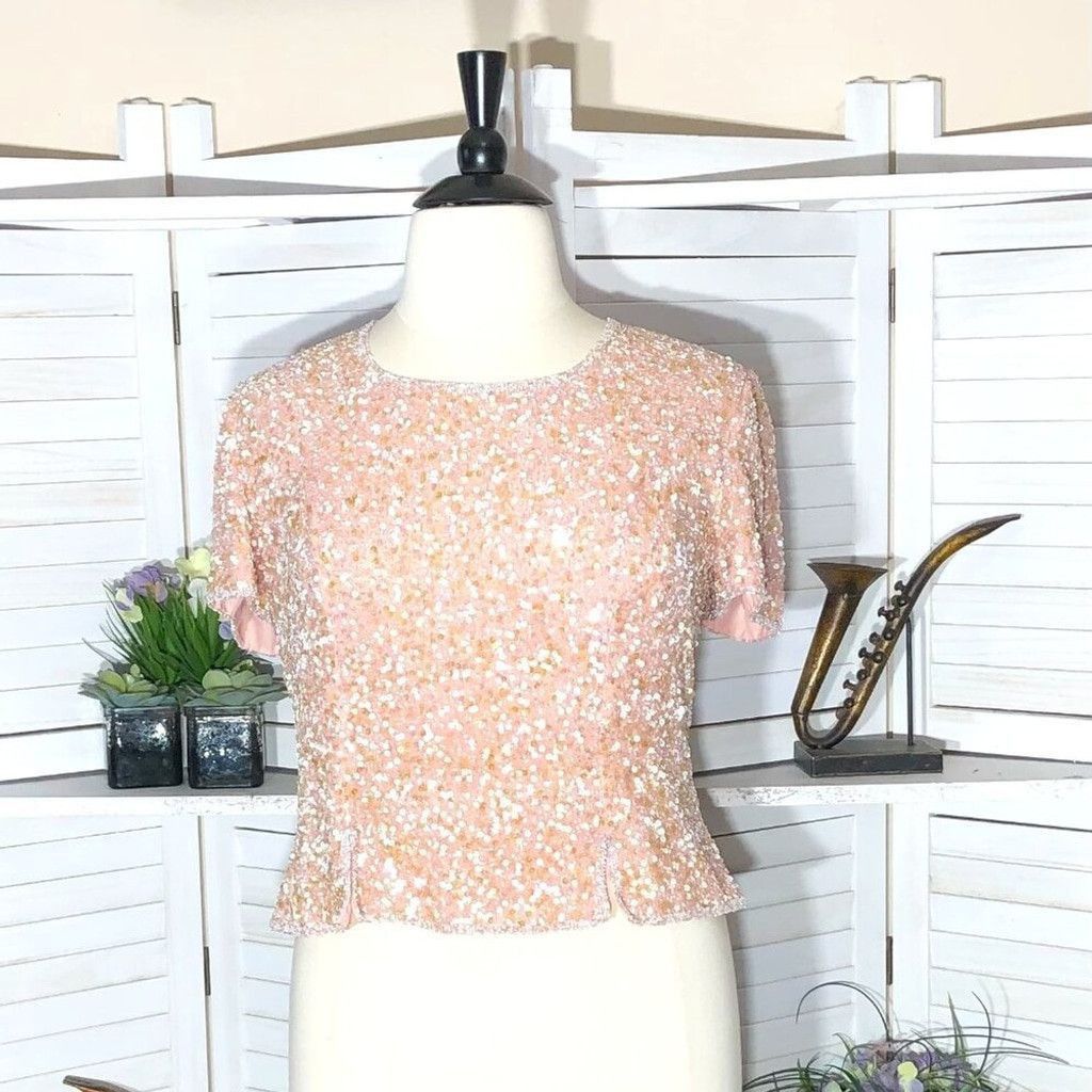 Vintage beaded sequined silk shiny pink blouse cocktail Sz XL Size XL / US 12-14 / IT 48-50 - 1 Thumbnail