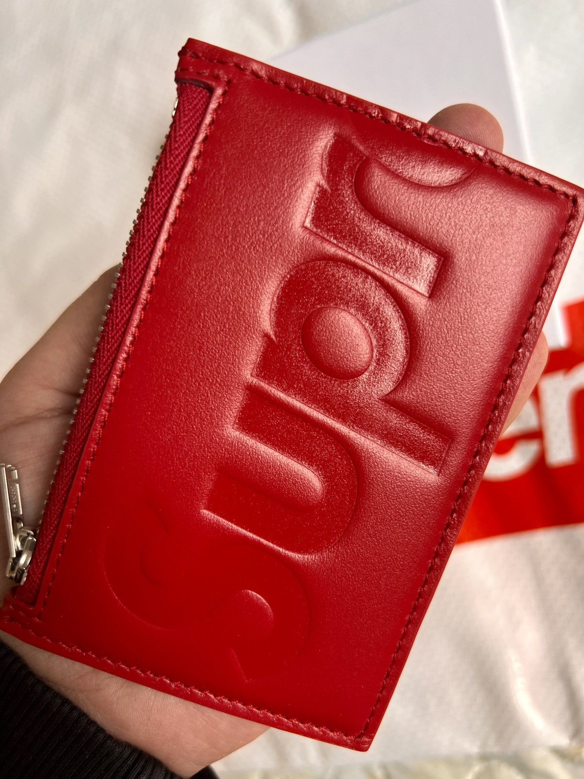 Supreme SUPREME Leather zip card holder Wallet red calfskin logo Size ONE SIZE - 19 Thumbnail
