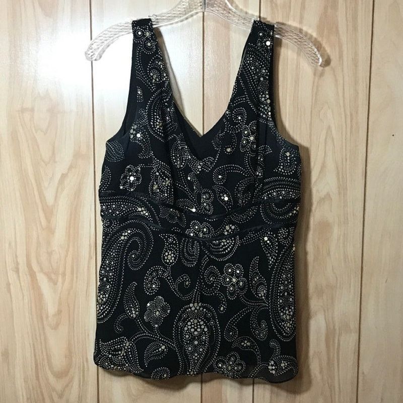 Ann Taylor Ann Taylor Black Sequin Paisley Silk V-Neck Tank Top 10 Size L / US 10 / IT 46 - 1 Thumbnail