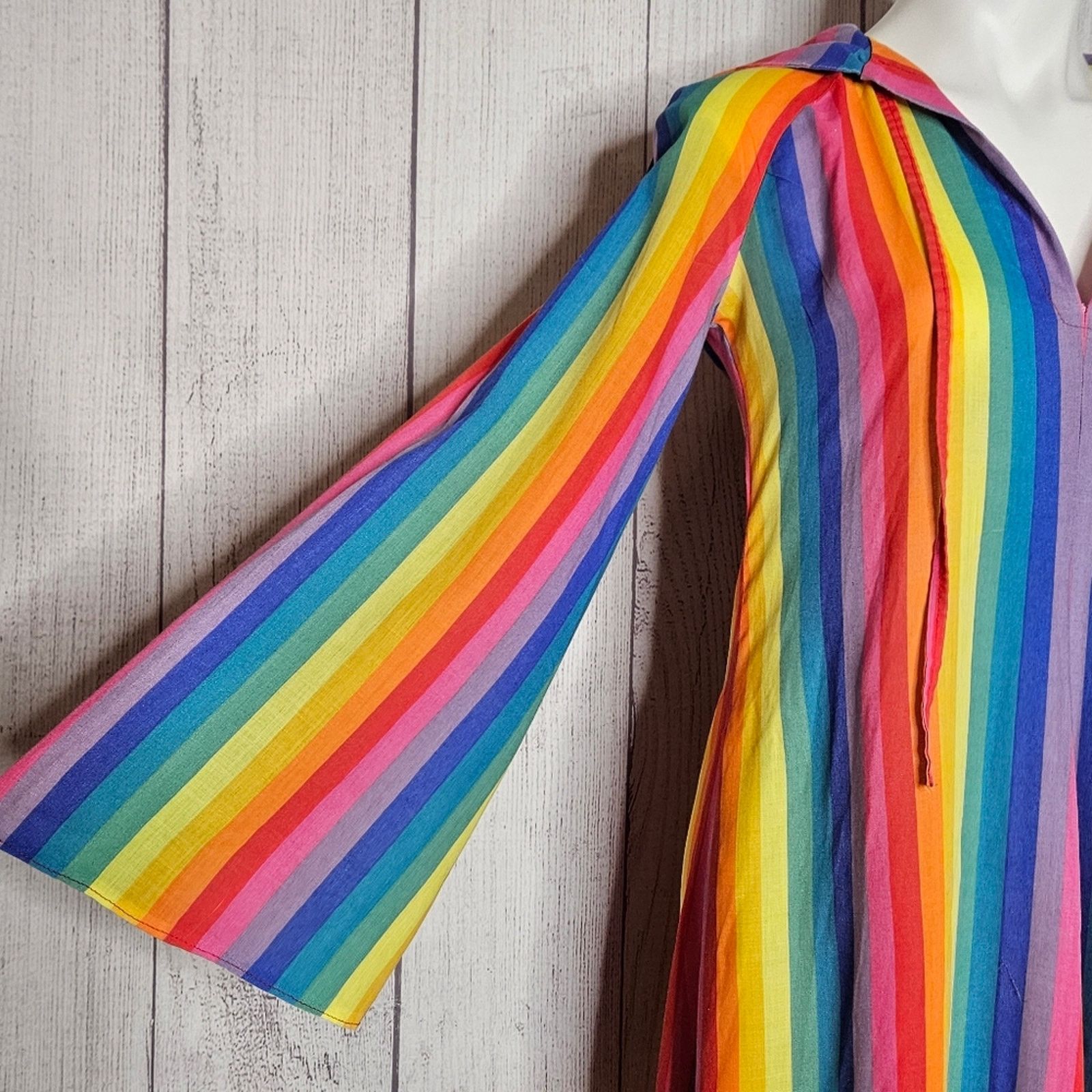 Vintage VTG OOAK Hooded Rainbow Stripe Maxi Dress, Flared Sleeves Size S / US 4 / IT 40 - 5 Thumbnail