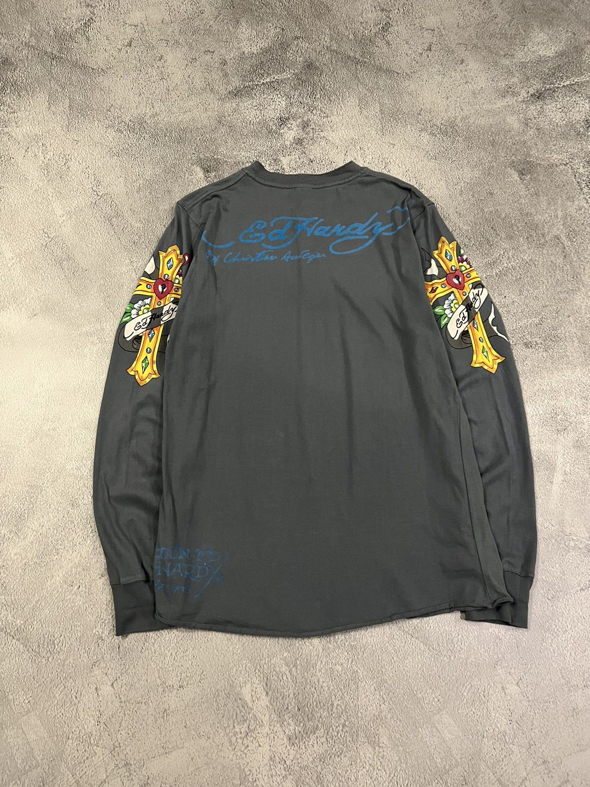 Vintage Y2k Ed Hardy Skull Cross Tattoo Rare Long Sleeve 00s