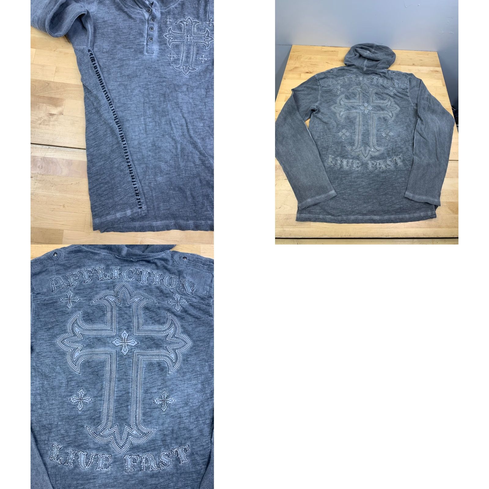 Affliction VINTAGE Affliction Hoodie Henley Lightweight Gray M Embroidered Cross Gothic Y2K 12453 Mens Size US M / EU 48-50 / 2 - 8 Thumbnail
