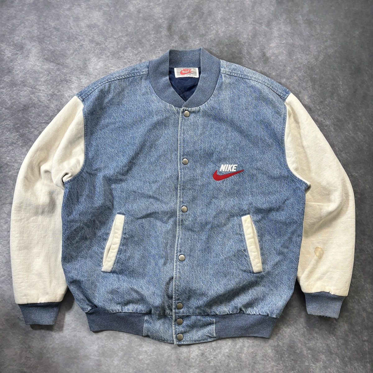 Nike × Vintage 1990s Vintage Nike Bomber Jacket Vintage Denim Jacket Swoosh Size US L / EU 52-54 / 3 - 11 Thumbnail