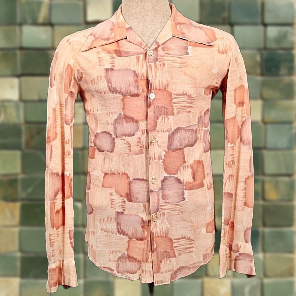 Vintage VTG Unbranded Shirt 70s 1970s Orange Peach Print Polyester Sz S Disco Mens Women? Size US S / EU 44-46 / 1 - 1 Thumbnail