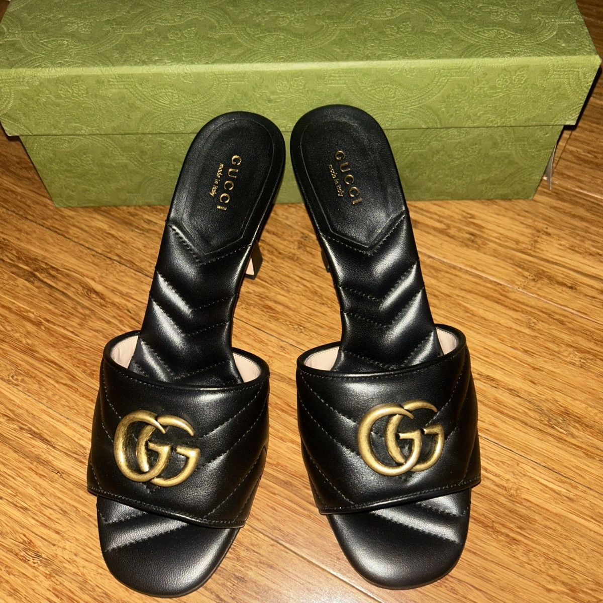 Gucci Gucci Double G Mid Heel Slide Sandal Black Nappa Charlotte Size US 8 / IT 38 - 2 Thumbnail