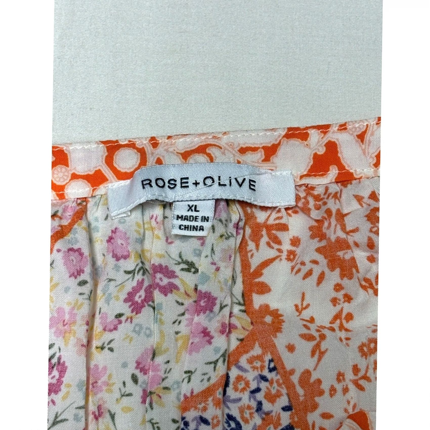 Vintage Rose + Olive Floral Patchwork Blouse Orange Womens XL Rayon 3/4 Balloon Size XL / US 12-14 / IT 48-50 - 2 Thumbnail