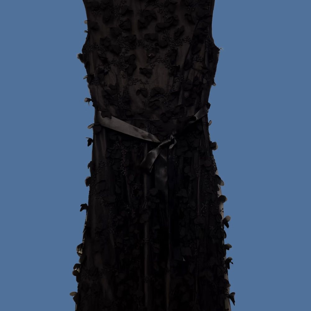 Vintage Tahari-Levine Studio Dress Womens 10 Black Tulle 3D Floral Beaded Belted Midi Size L / US 10 / IT 46 - 1 Thumbnail