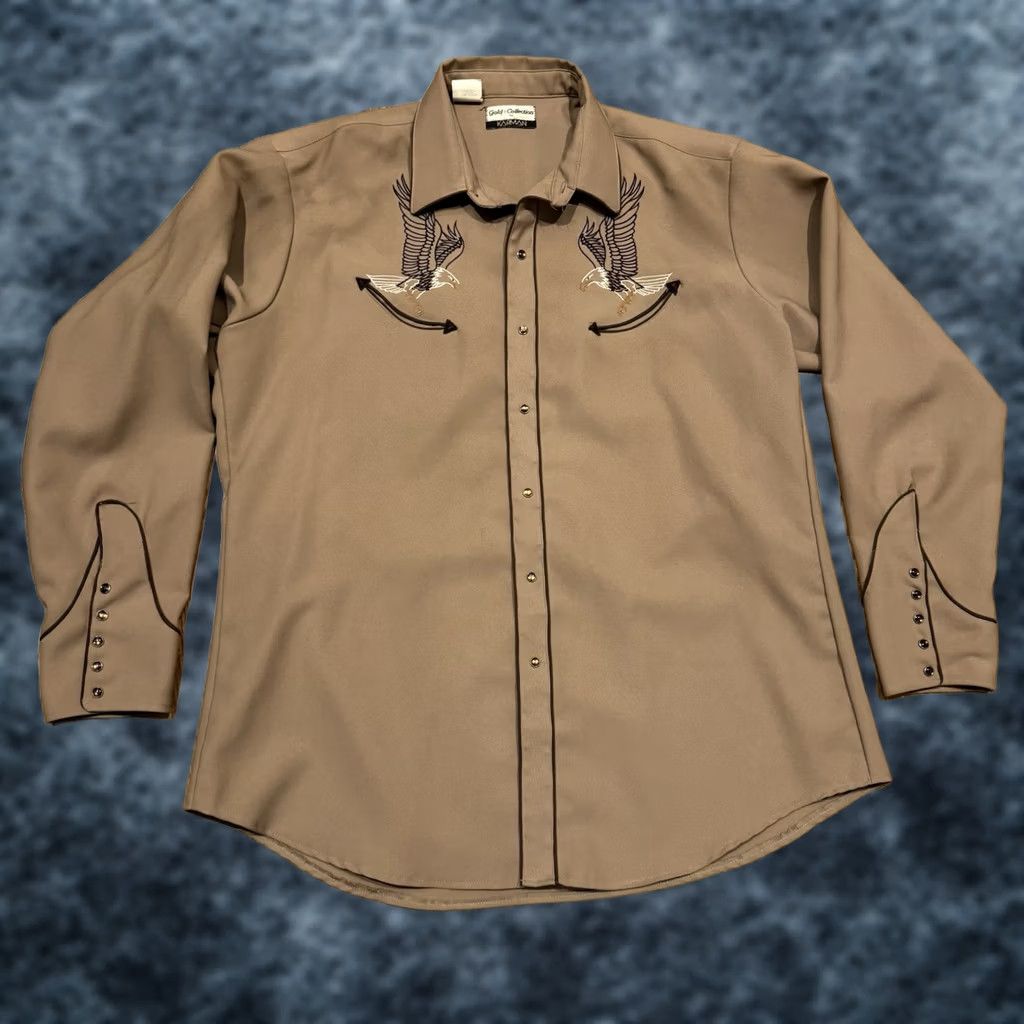 Vintage VINTAGE Gold Collection by Karman Pearl Snap Western Shirt XL Beige Eagle Cowboys Retro Vintage Men Button-Up Long Sleeve Collared Snap 1980s/90s? Size US XL / EU 56 / 4 - 1 Thumbnail