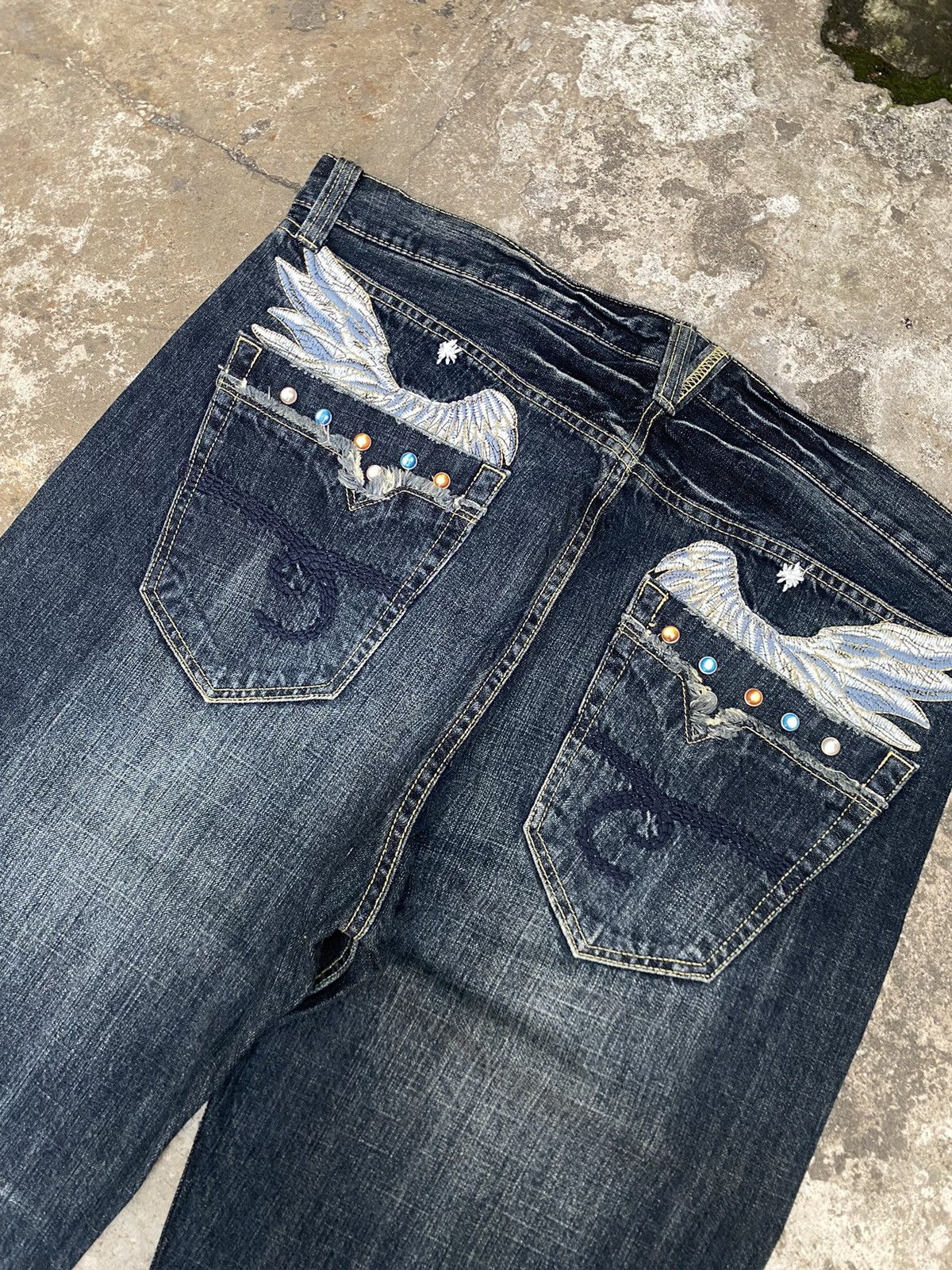 Japanese Brand Flared Japanese Denim Wings Embroidery Distressed Blue Size US 38 / EU 54 - 3 Thumbnail