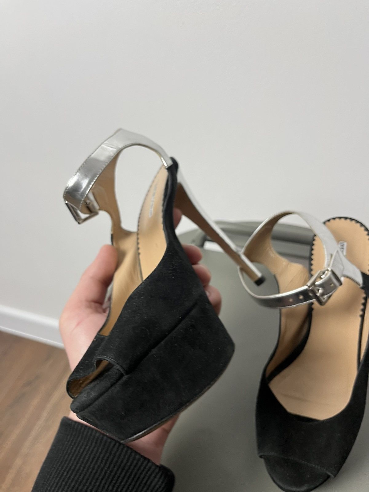 Emporio Armani Emporio Armani Black Suede Peep Toe Heels with Silver Straps Size US 6 / IT 36 - 7 Thumbnail